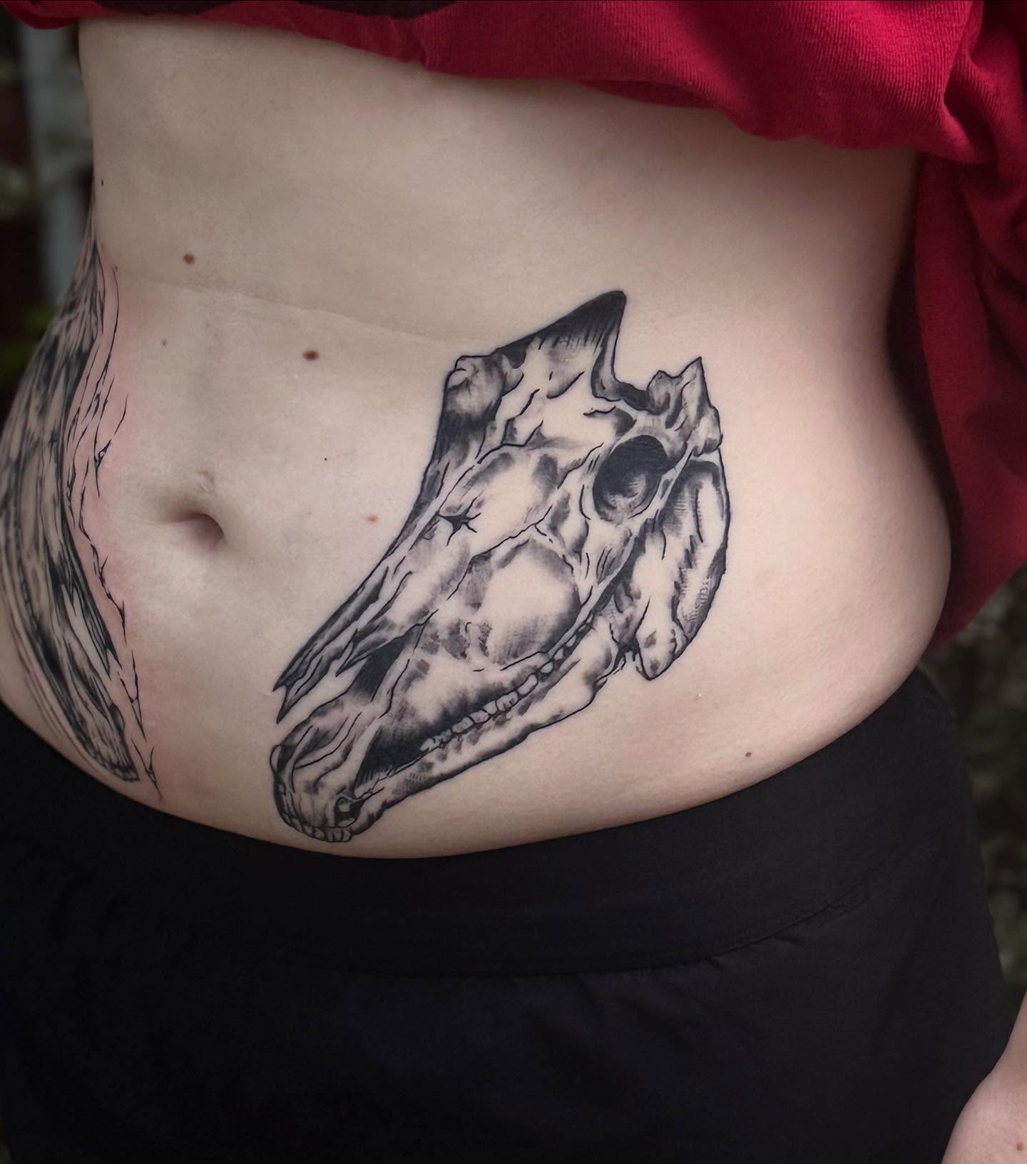 Horse skull black and grey tattoo on the torso by Cullen-Lee