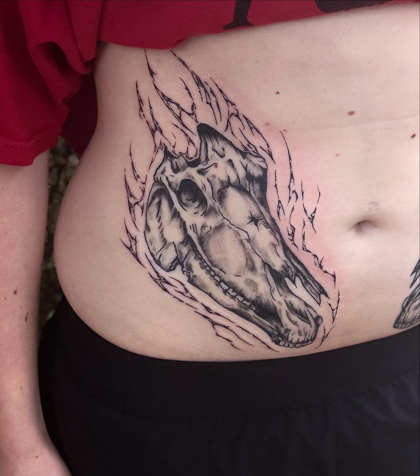 Horse skull black and grey tattoo on the ribs by Cullen-Lee
