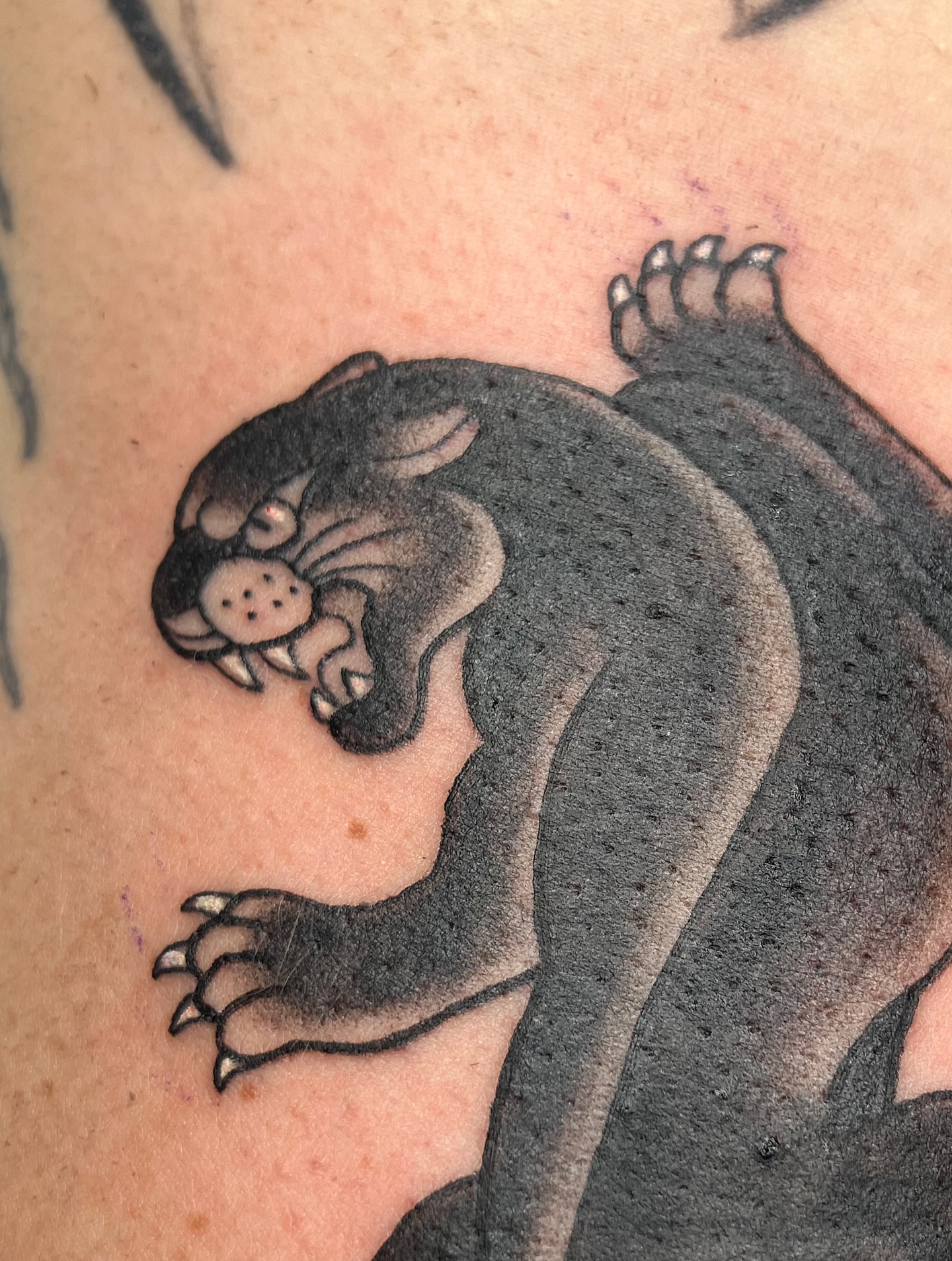 Panther black and grey tattoo on the upper arm by Hunter McGinnis