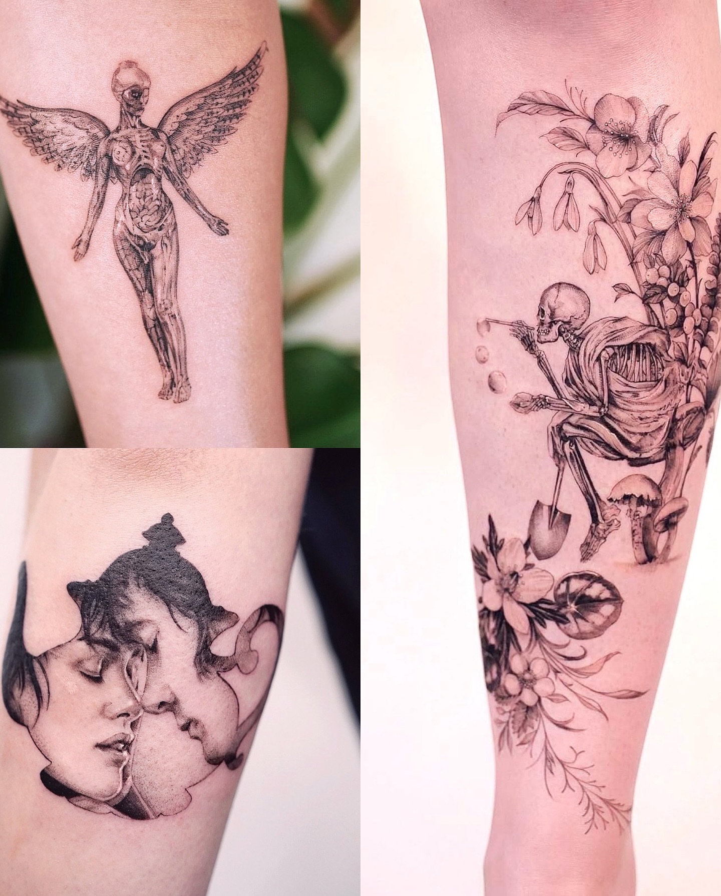 Winged angel black and grey tattoo on the forearm by Lily, Los Angeles, California