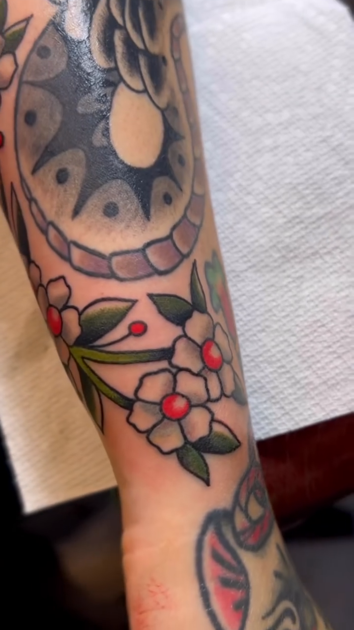 Snake and flowers American traditional tattoo by Joseph Robertson, Portland, Oregon