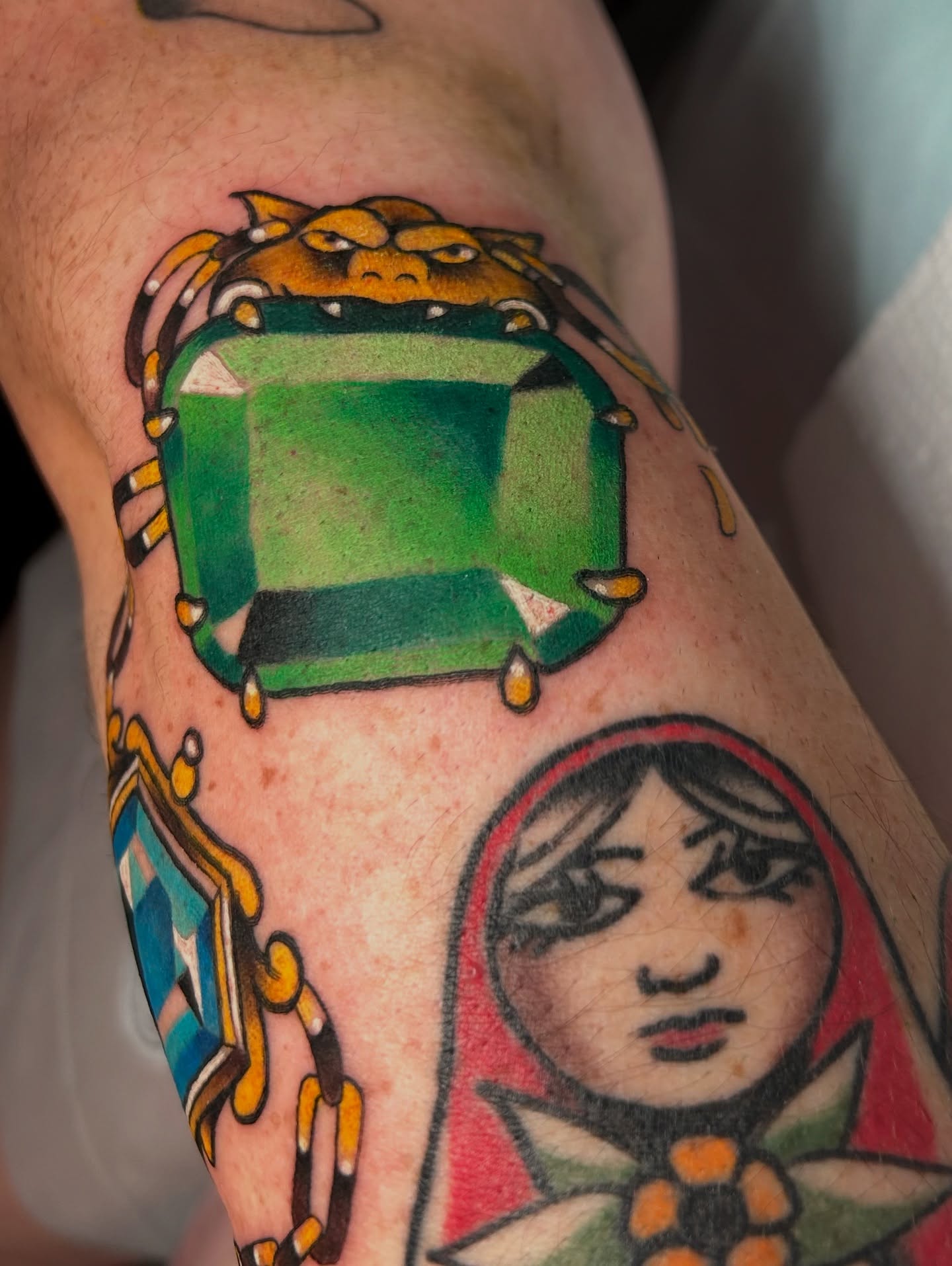 Dragon and woman American traditional tattoo on the forearm by Chloe Marie
