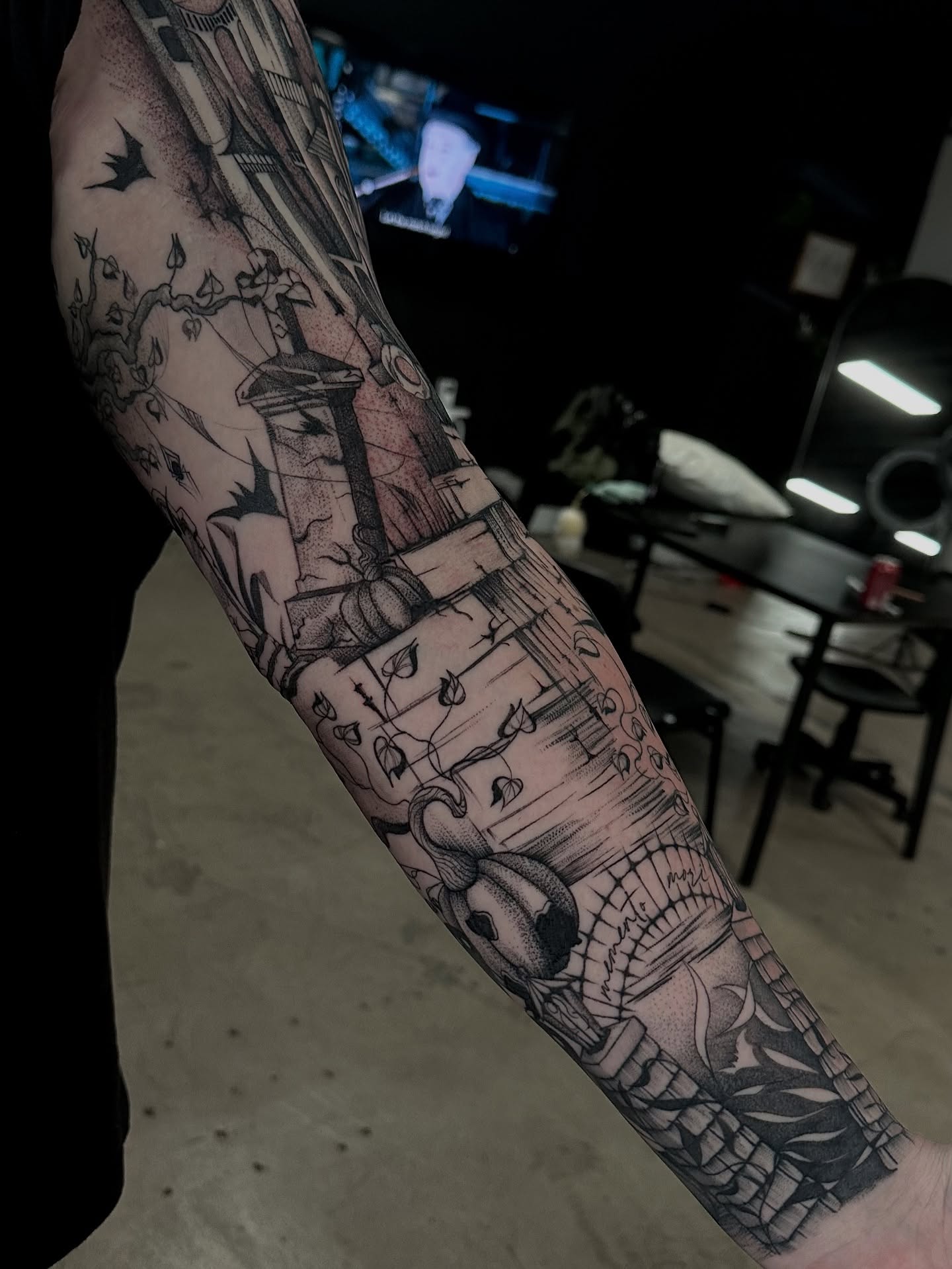 Gothic architecture dotwork tattoo on the forearm by Crystal, Las Vegas, Nevada