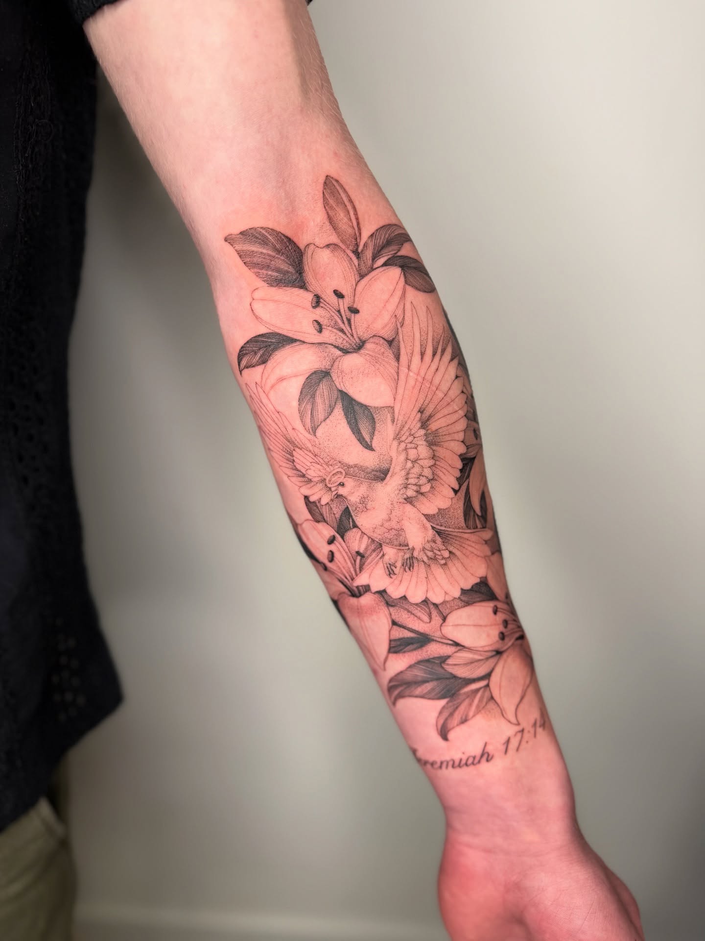 Lilies and dove realism tattoo on the forearm by 🥀michael Ta 🥀