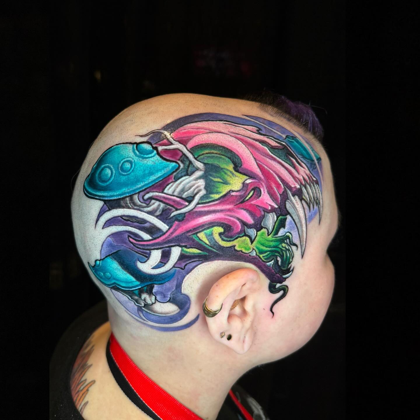 Spacecraft and abstract swirls new school tattoo on the head by Zoe "Z" Fisk