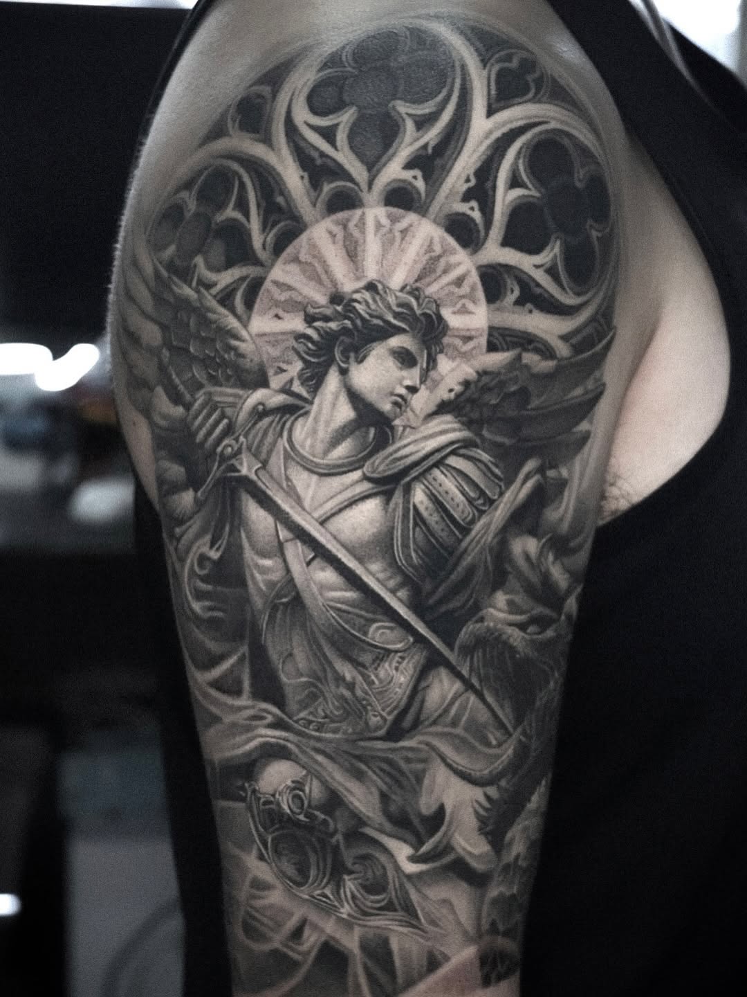 Archangel Michael with sword realism tattoo on the shoulder by D A N N y L I N