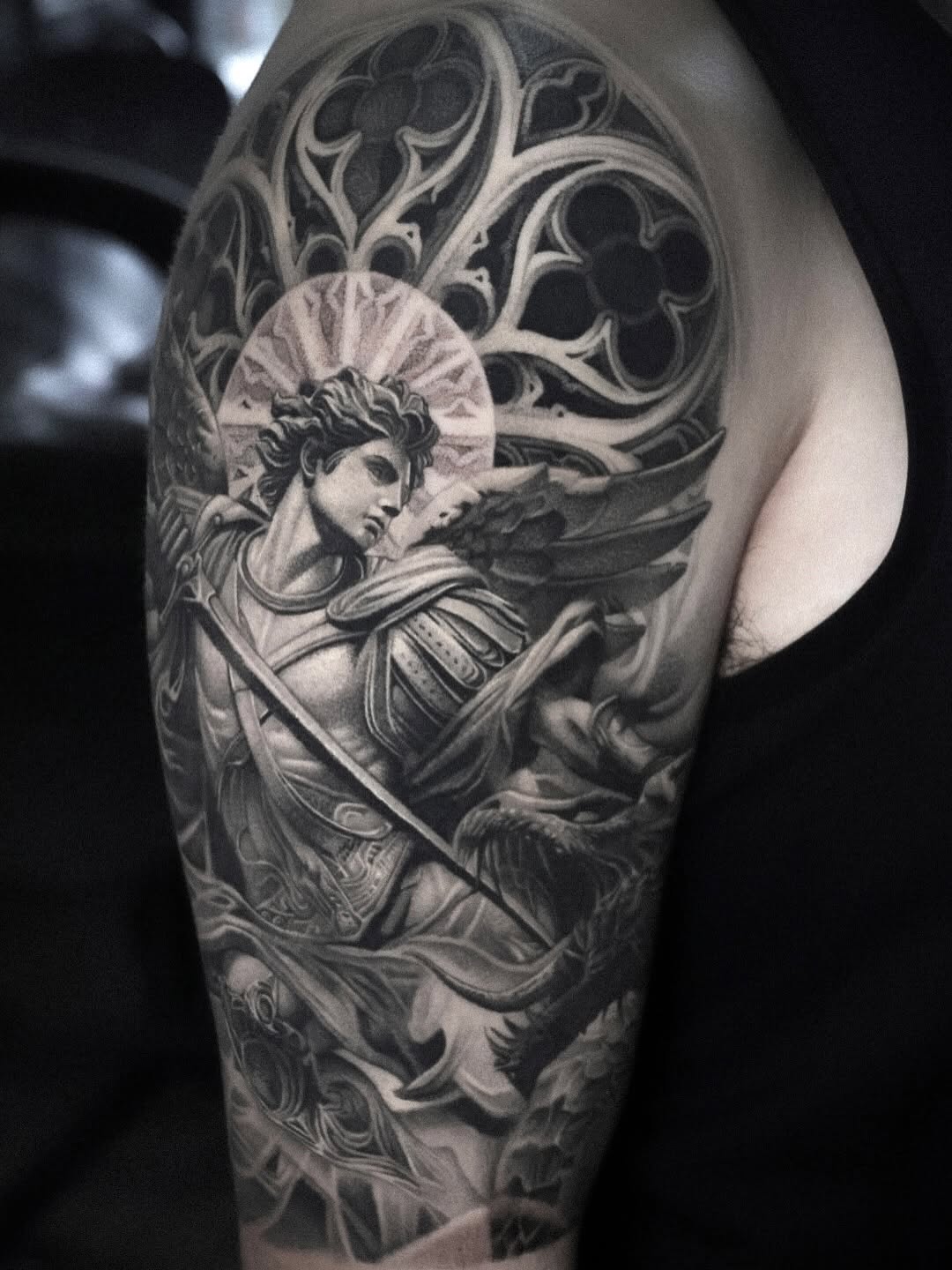Angel fighting dragon realism tattoo on the shoulder by D A N N y L I N