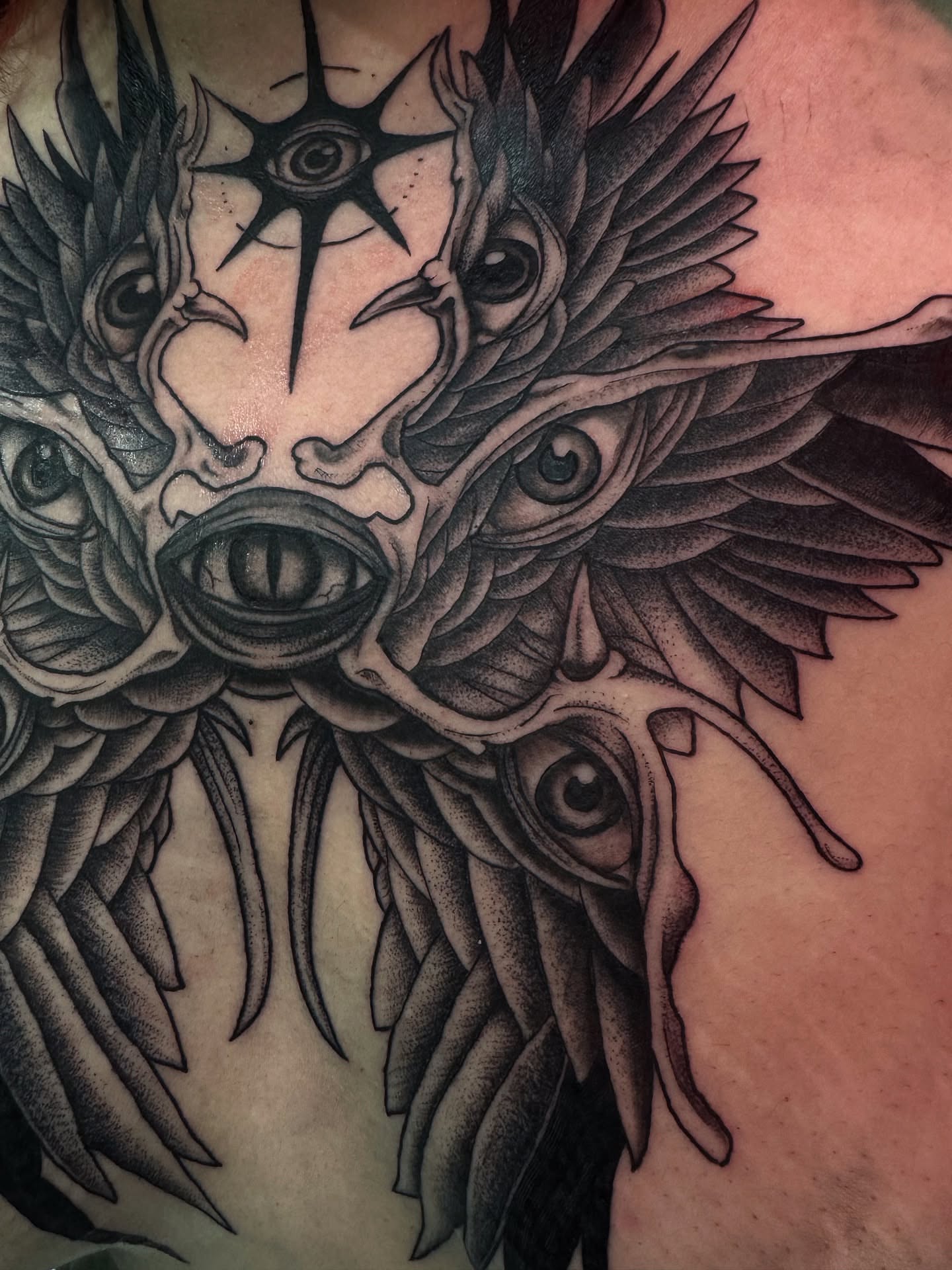 Pig with wings dotwork tattoo on the shoulder by Christa Martinez