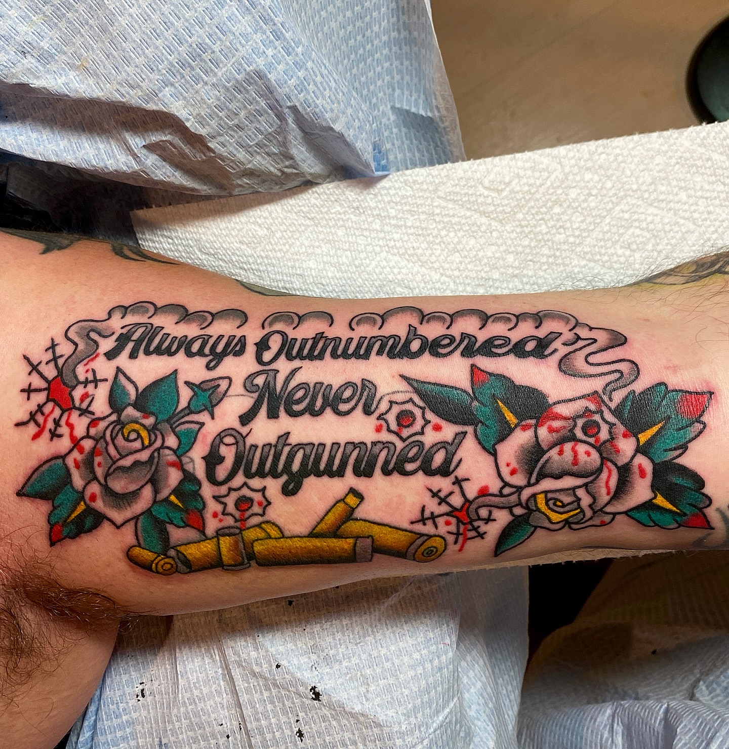 Always outnumbered never outgunned American traditional tattoo on the forearm by atomlenhart, Lancaster, Pennsylvania