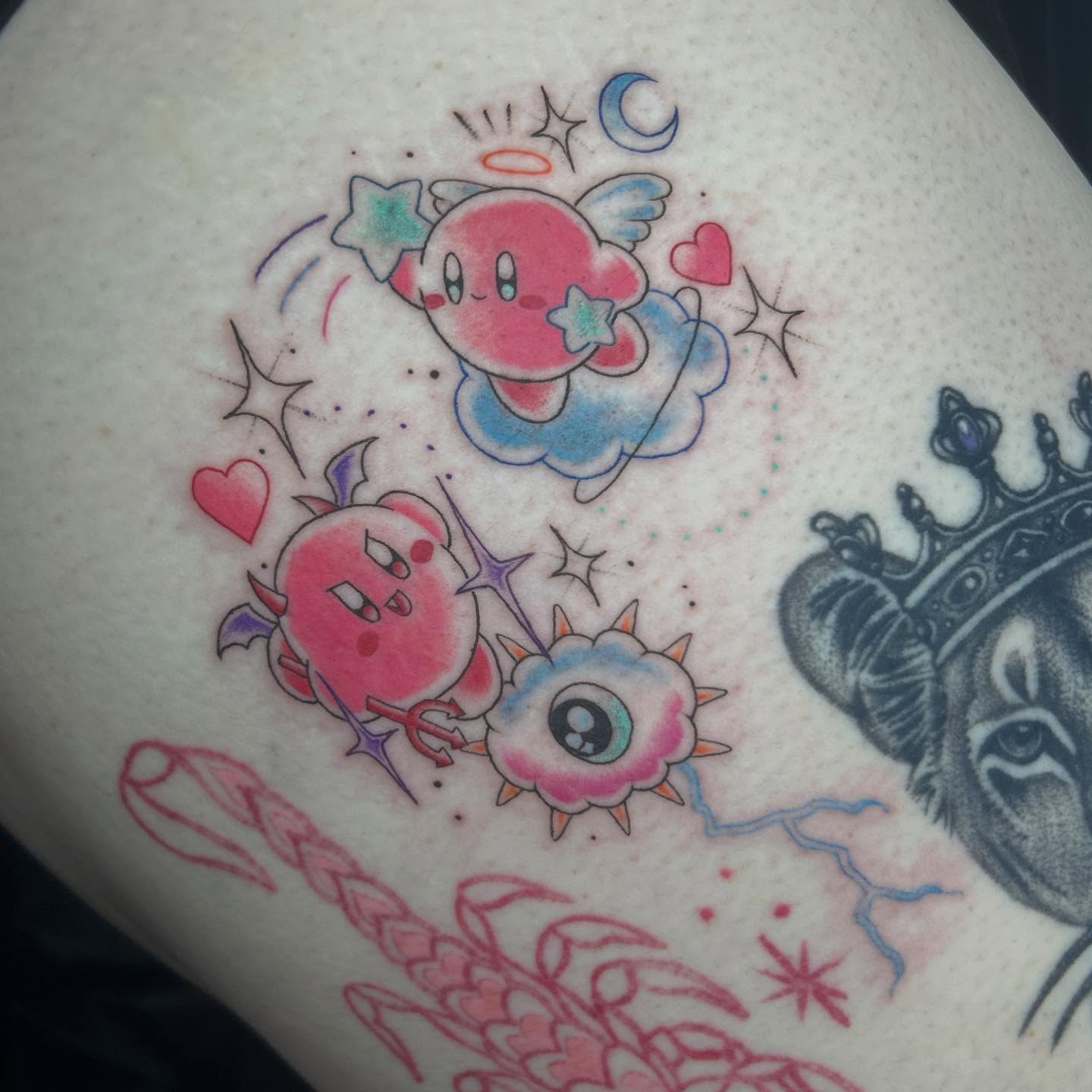 Kirby dotwork tattoo on the torso by *♡+:・゚* caroline ✩*:・゚✧*:・゚