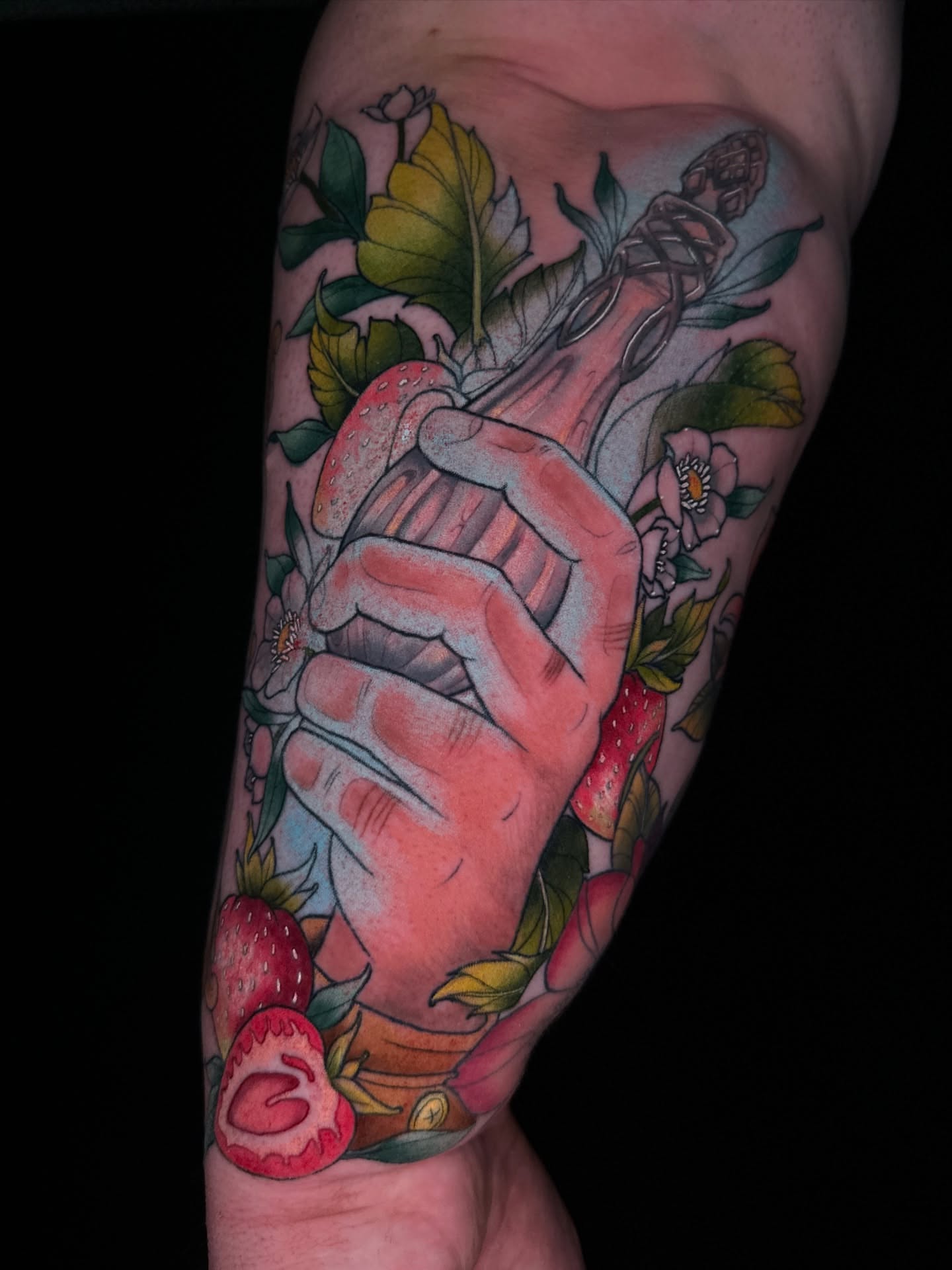 Strawberry and bottle American traditional tattoo on the forearm by Rebecca Joy ❋ Tattoo Artist
