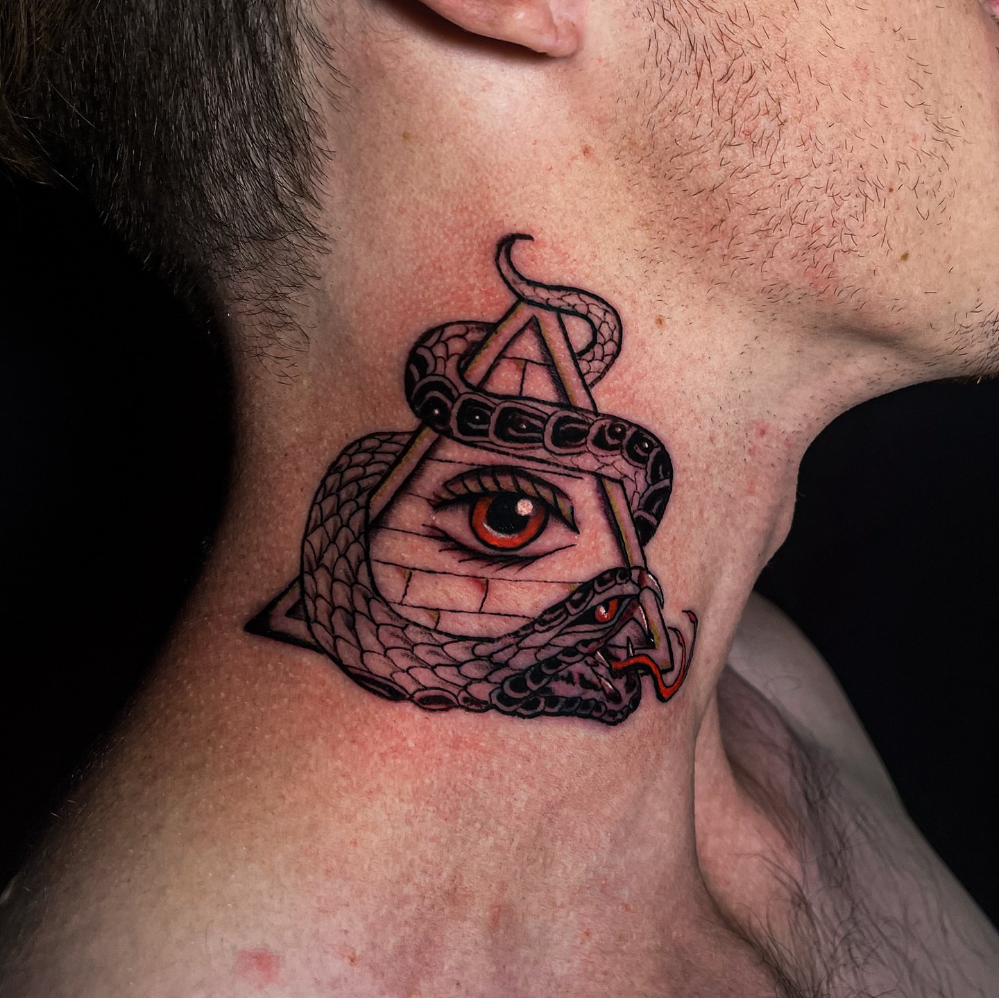Eye with snake American traditional tattoo on the neck by Miguel Henrik