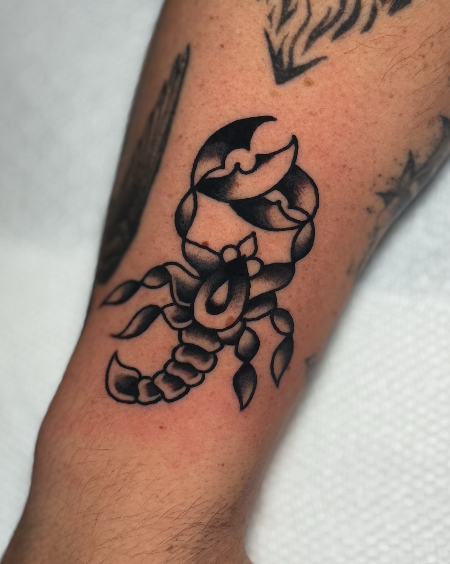Scorpion black and grey tattoo on the forearm by οΌππ¨ππ¨οΌ, New York, New York