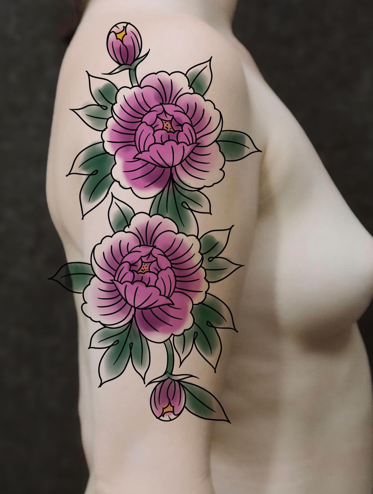 Peony flowers American traditional tattoo on the forearm by Mike Gorman - Portland Maine Tattoo Artist, Portland, Maine