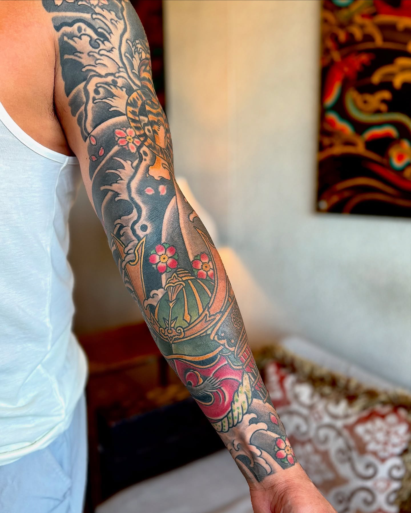 Ship and flowers American traditional tattoo on the forearm by Marcos Rivera, Laredo, Texas
