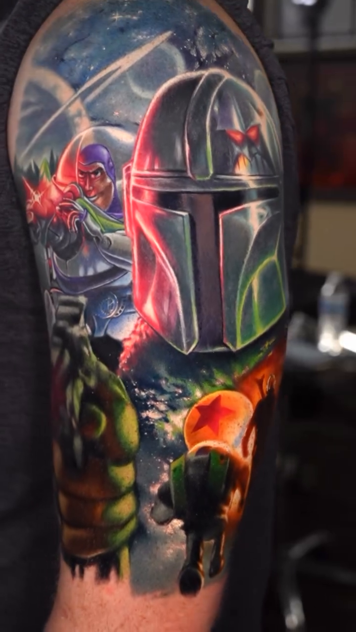 Mandalorian scene realism tattoo by Ben Ochoa