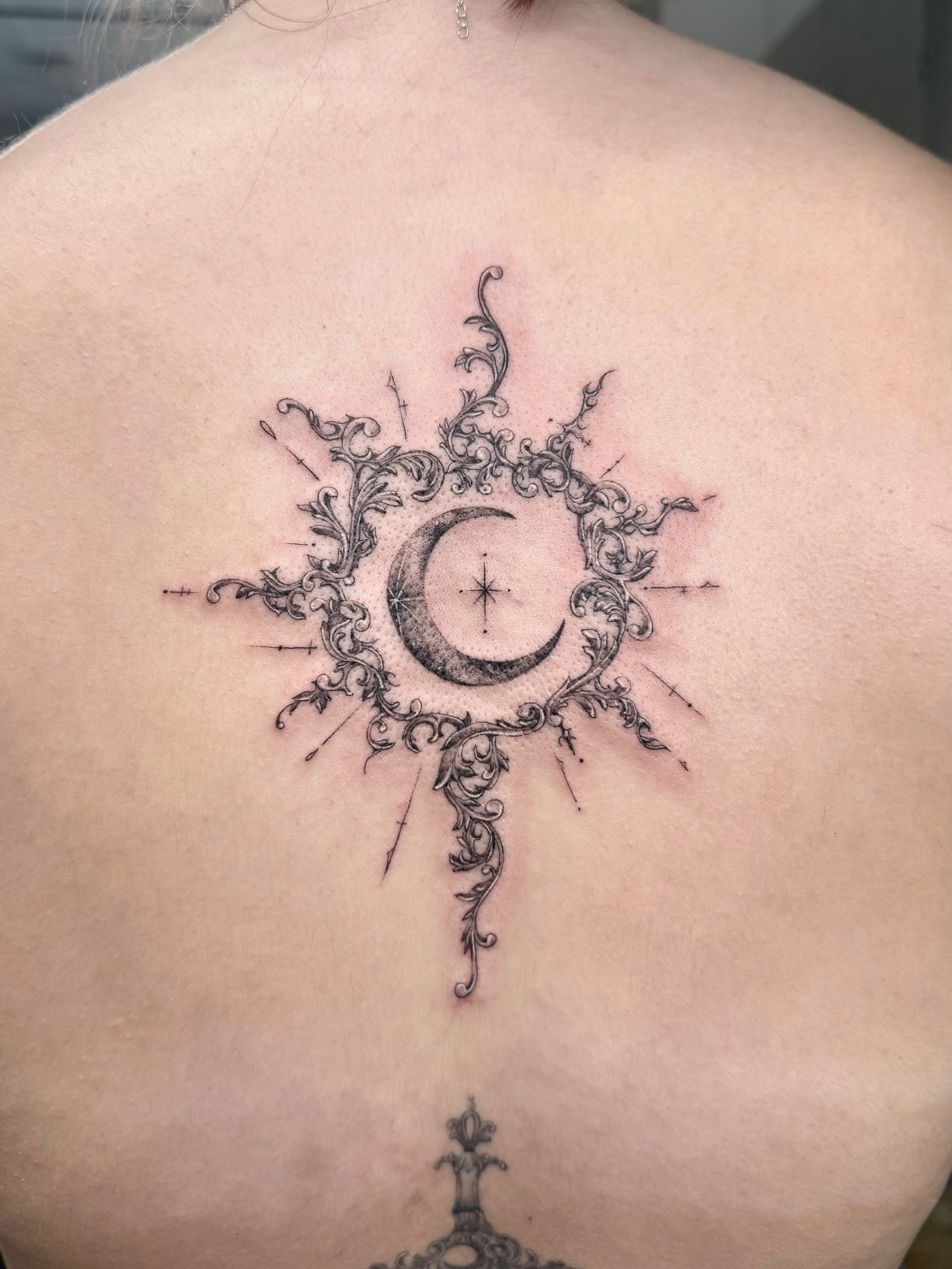 Moon and ornate design ornamental tattoo on the back by ๐๐๐๐๐๐
