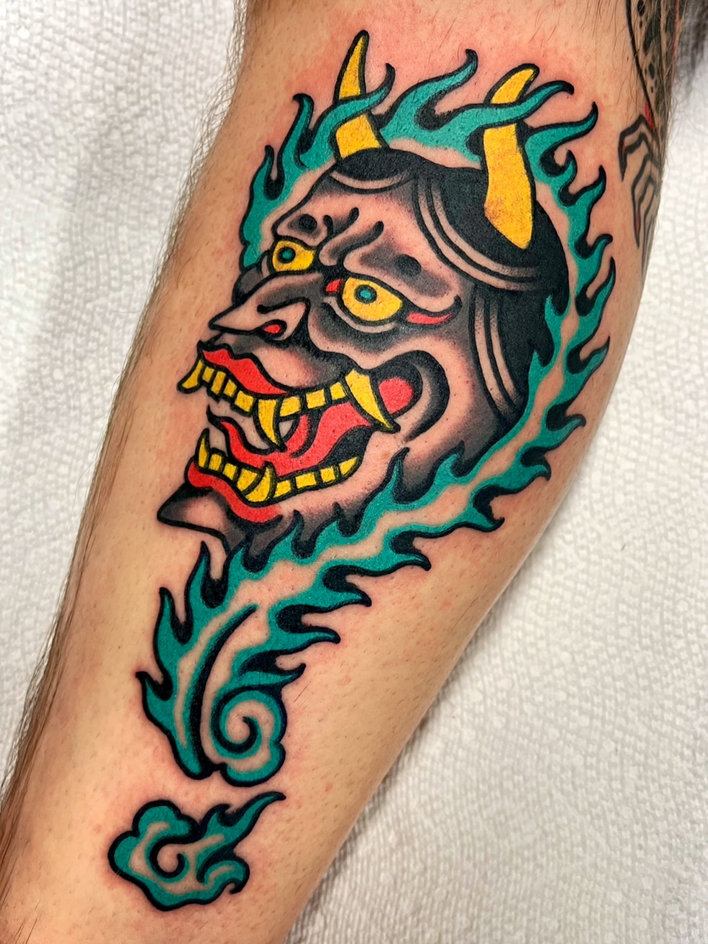 Demon mask American traditional tattoo on the forearm by π΅ππππ π¬ππππ