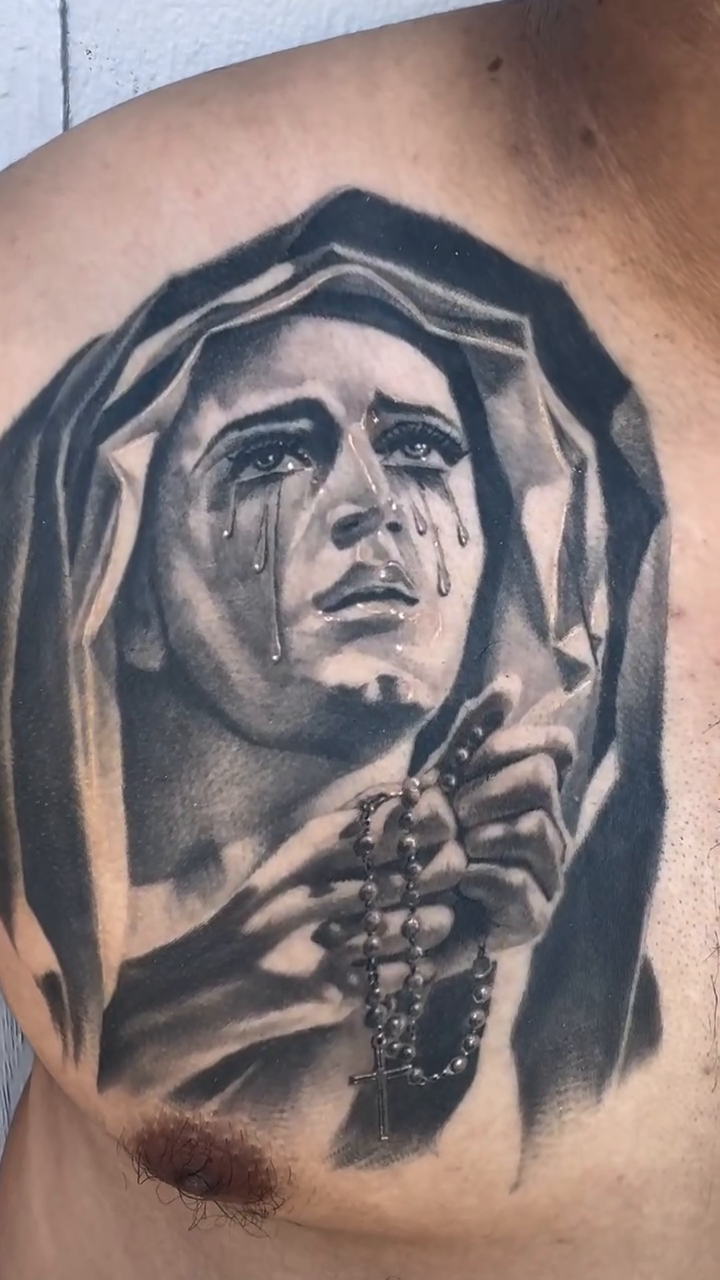 Weeping woman with rosary realism tattoo by El Pato, San Jose, California