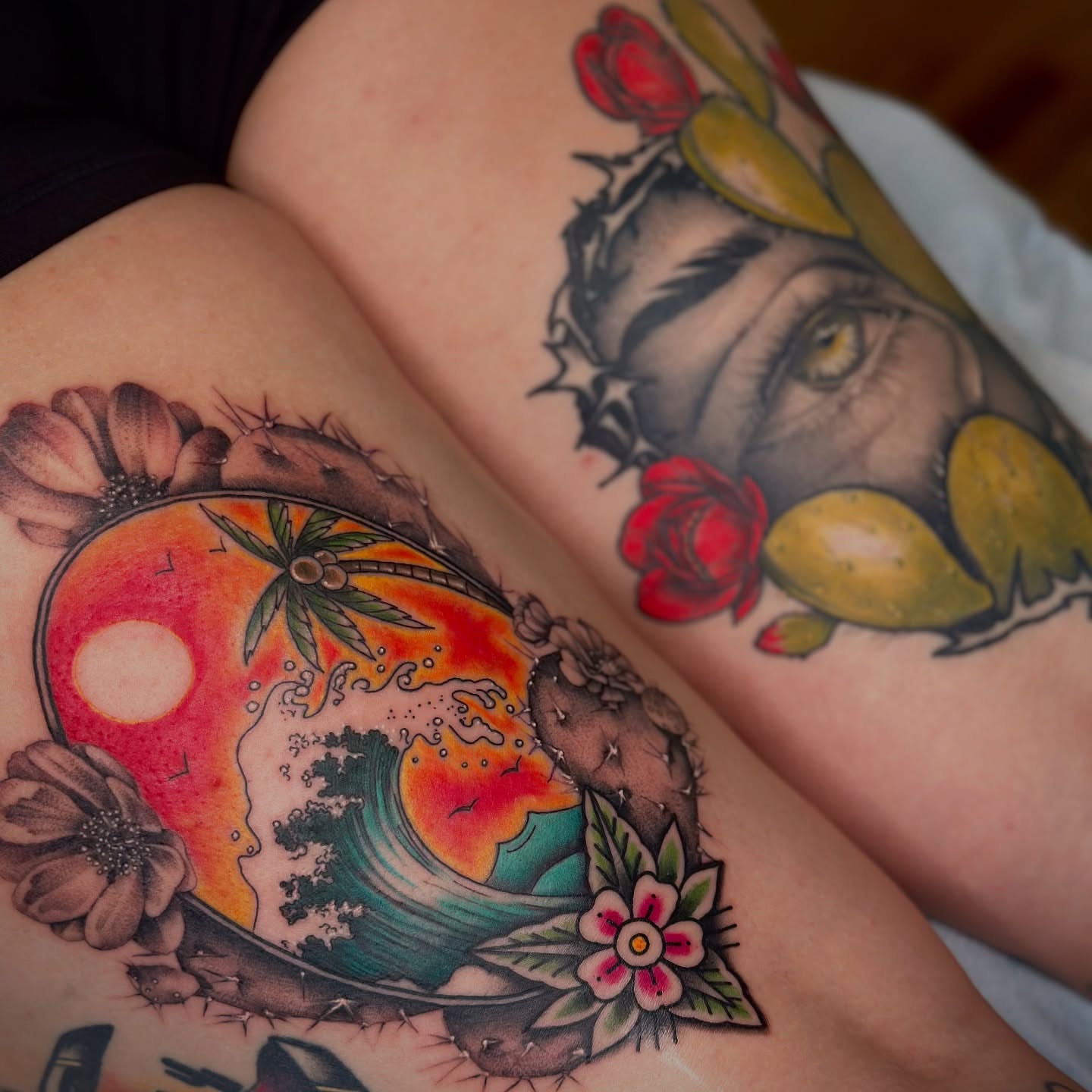 Sunset and wave American traditional tattoo on the thigh by Feliz Manzanedo, Prescott, Arizona