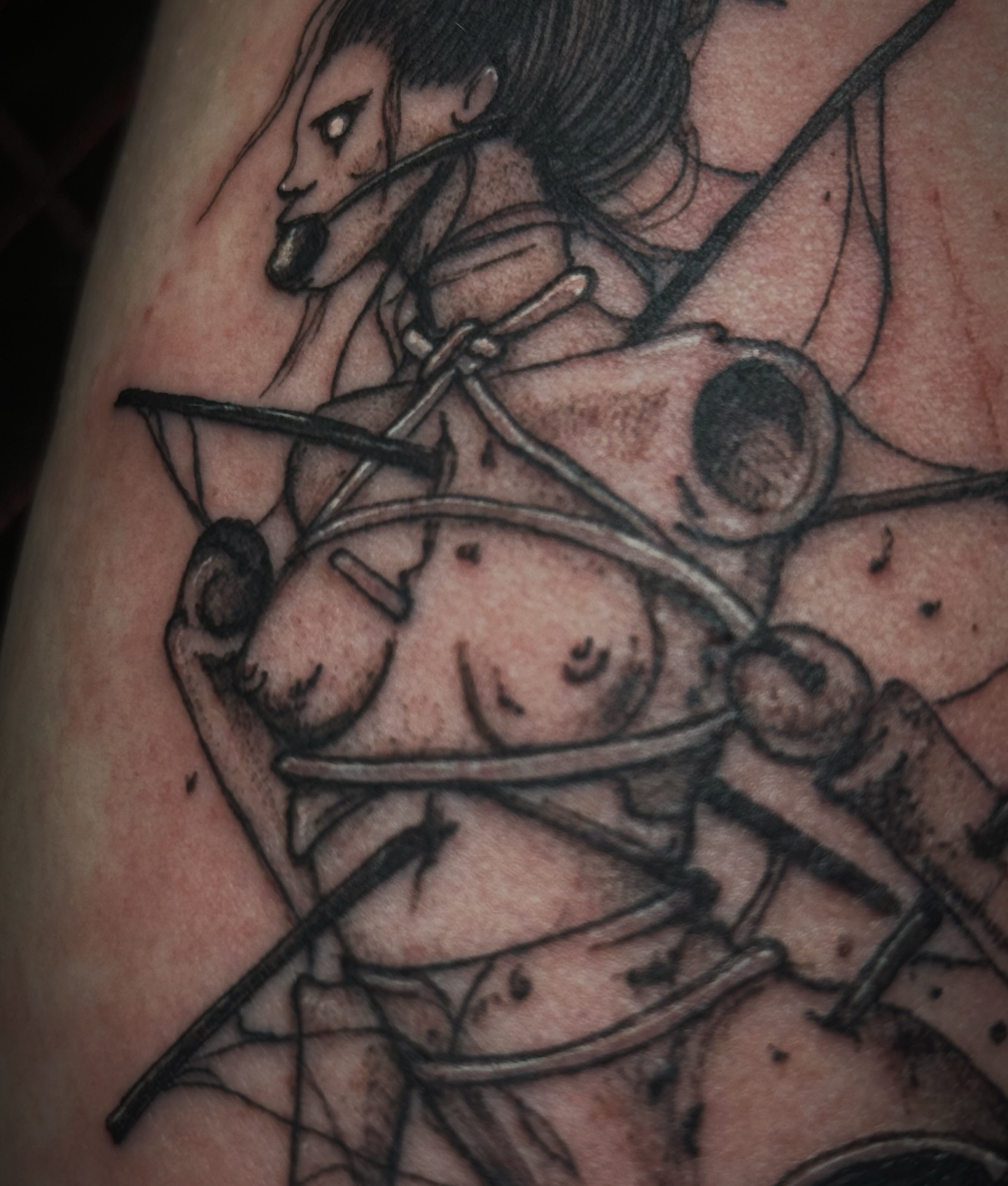 Woman with mechanical elements geometric tattoo on the upper arm by Kaylee Castleton, Tooele, Utah
