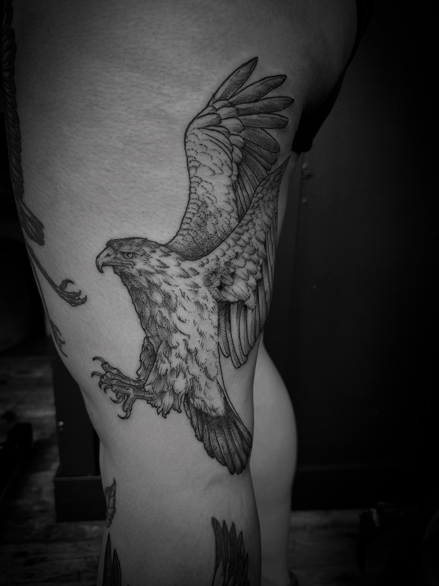 Eagle black and grey tattoo on the thigh by Desireé Keys, Midvale, Utah