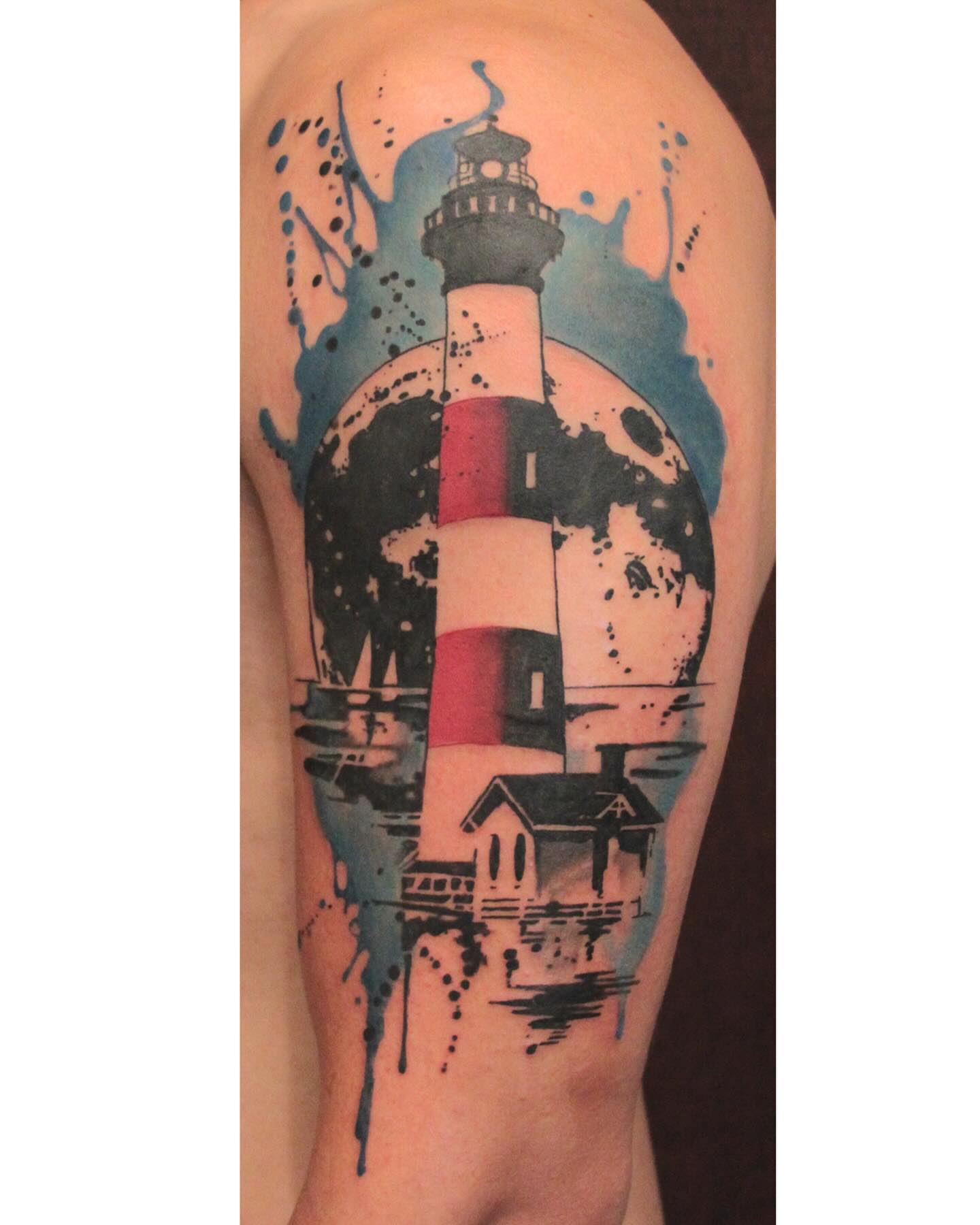 Lighthouse watercolor tattoo on the forearm by Gene Coffey, New York, New York