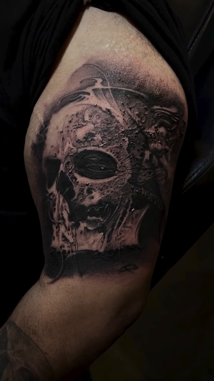 Skull with abstract elements dark realism tattoo by Robert Hernandez