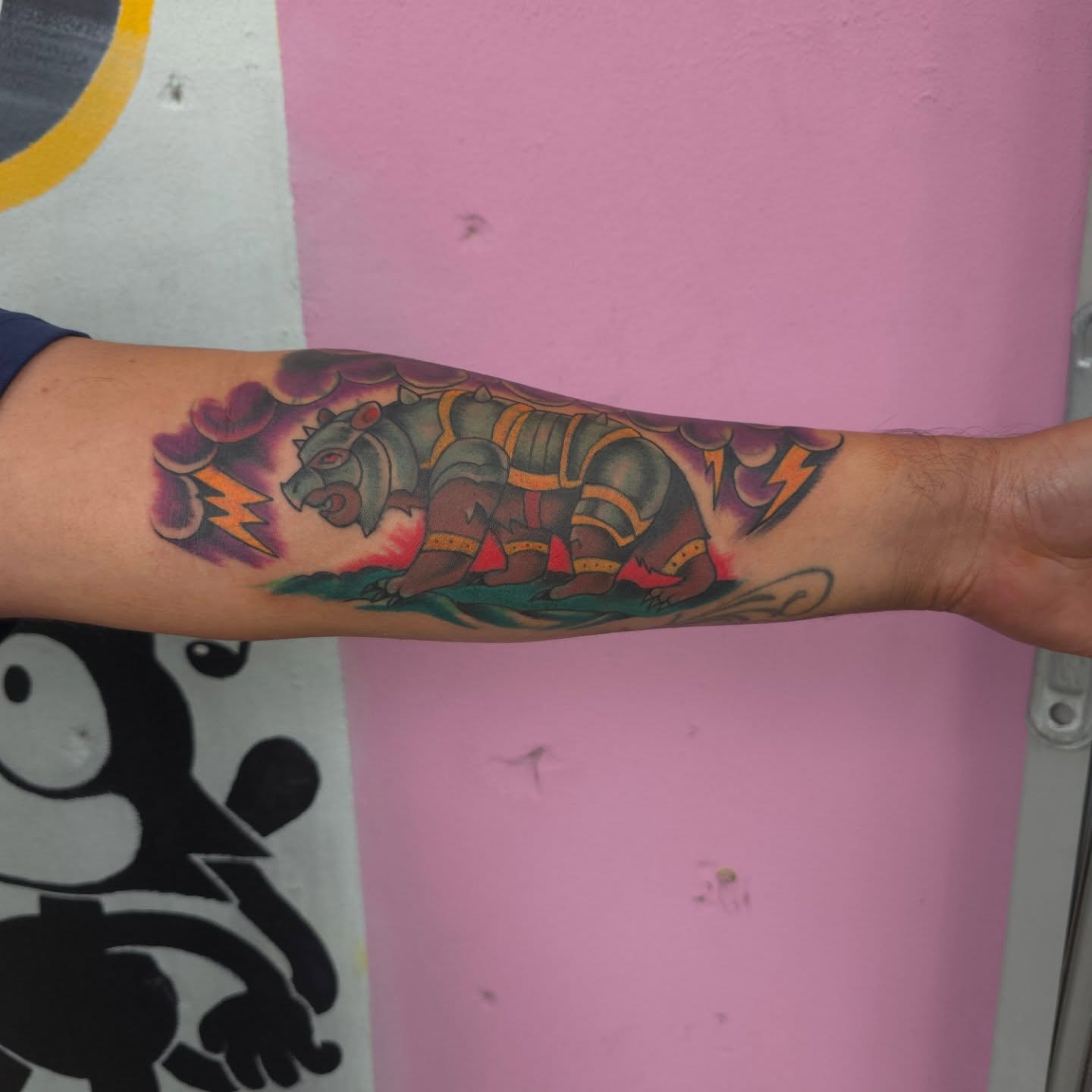 Bear in armor American traditional tattoo on the forearm by Jared Green