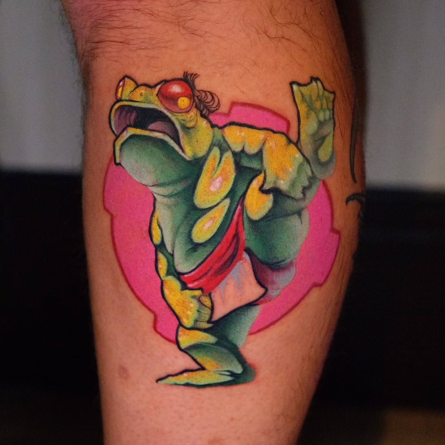 Frog new school tattoo on the forearm by Justin Byrd, Kansas City, Missouri
