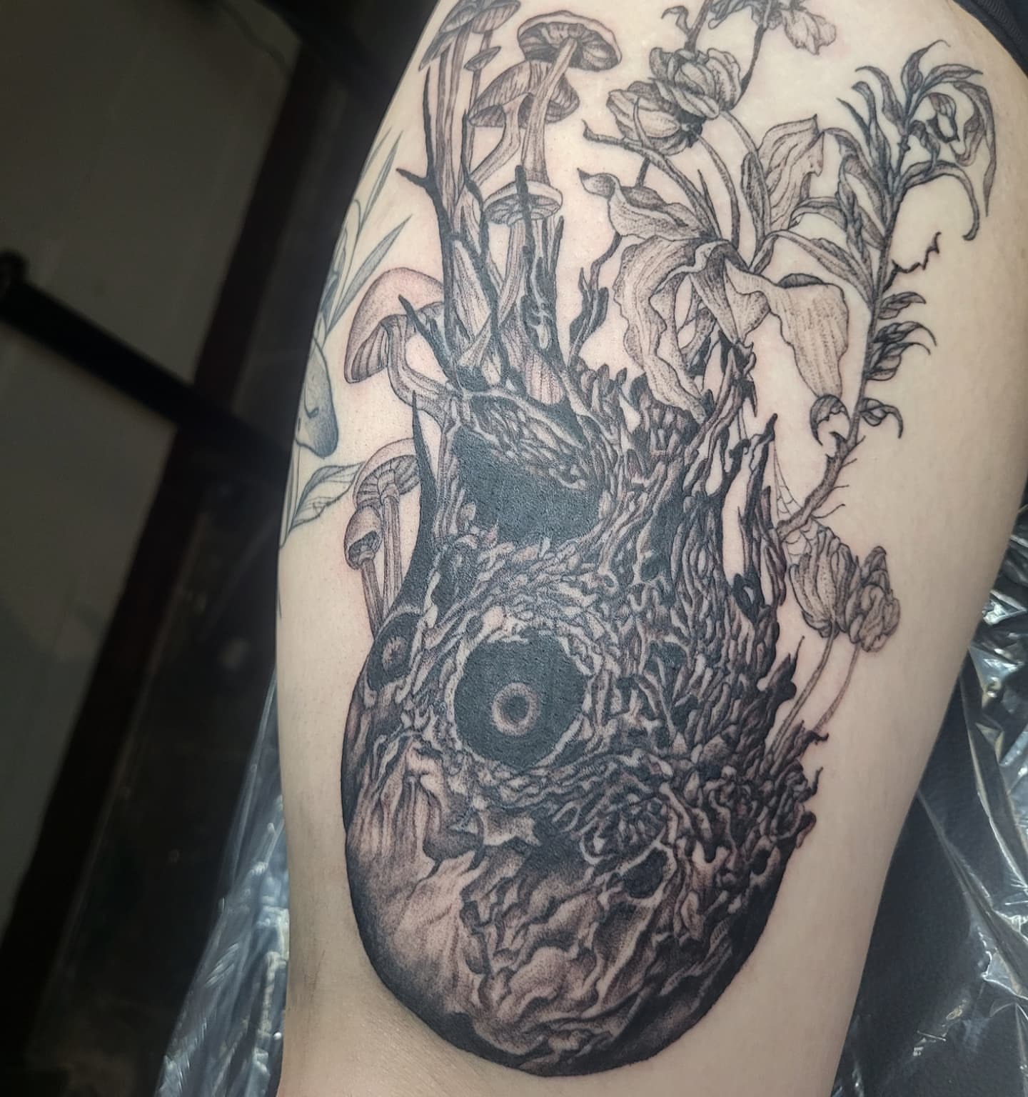Heart with forest realism tattoo on the shoulder by Jenna 🖤 Tattoos Denton TX