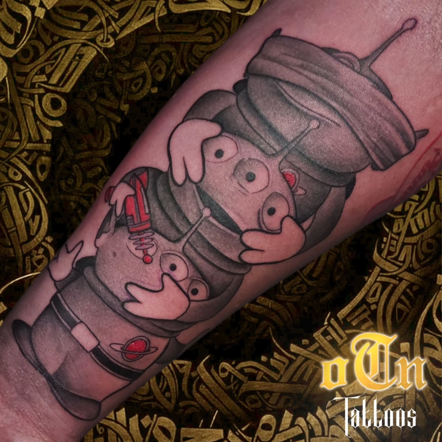 Robot character black and grey tattoo on the forearm by New York Tattoos Artist