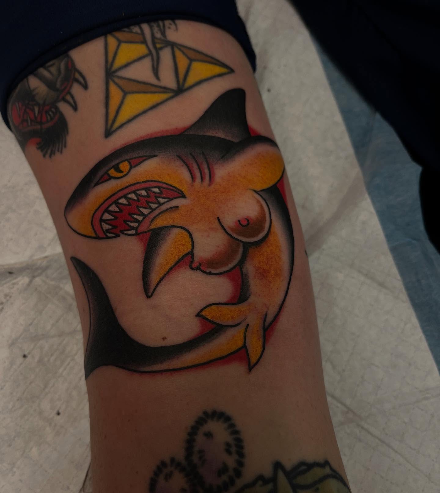 Shark American traditional tattoo on the forearm by Lee Brewster, Erlanger, Kentucky