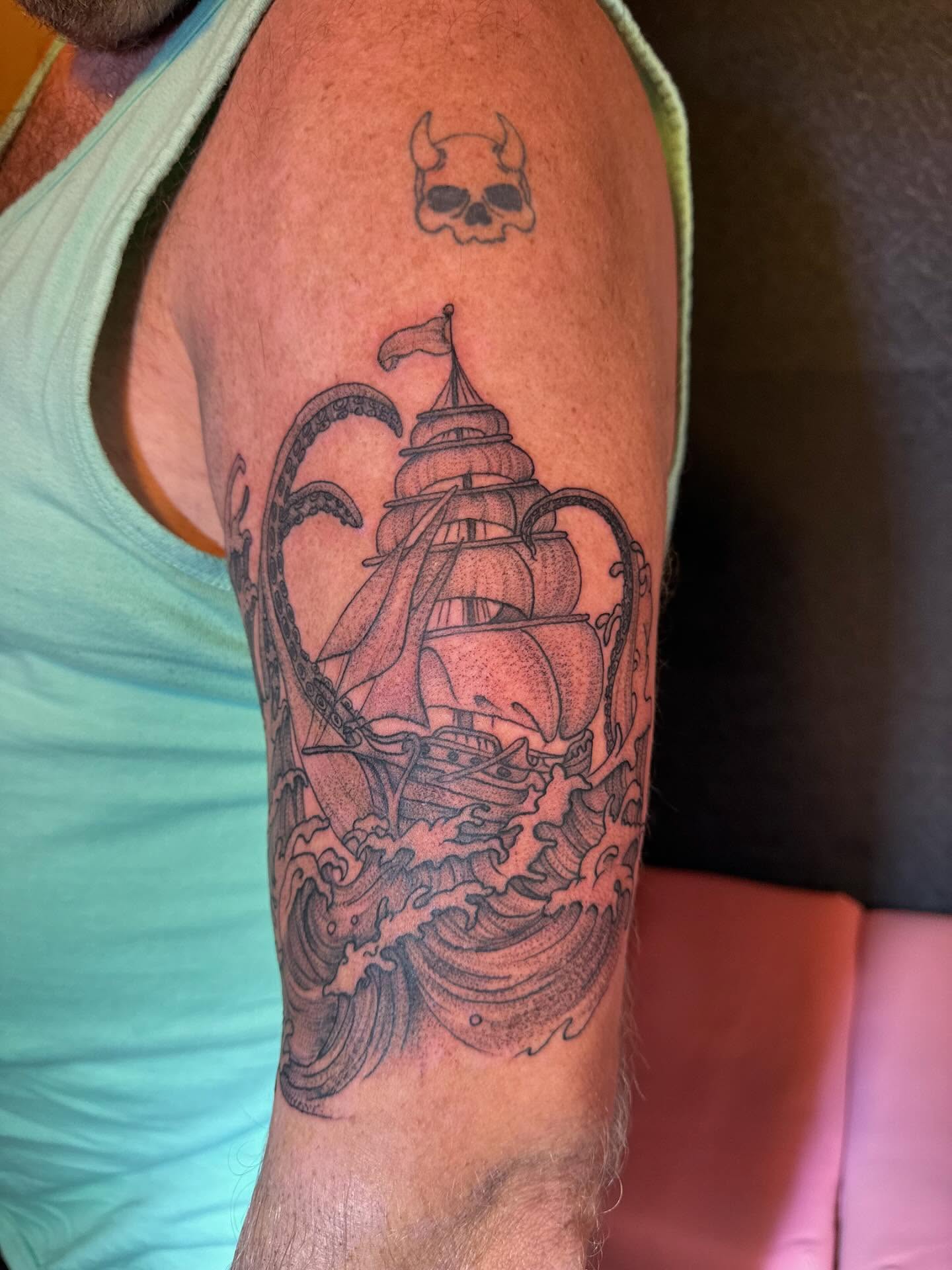 Ship sailing through waves realism tattoo on the forearm by Gabs Borderline Tattoos βπΌ