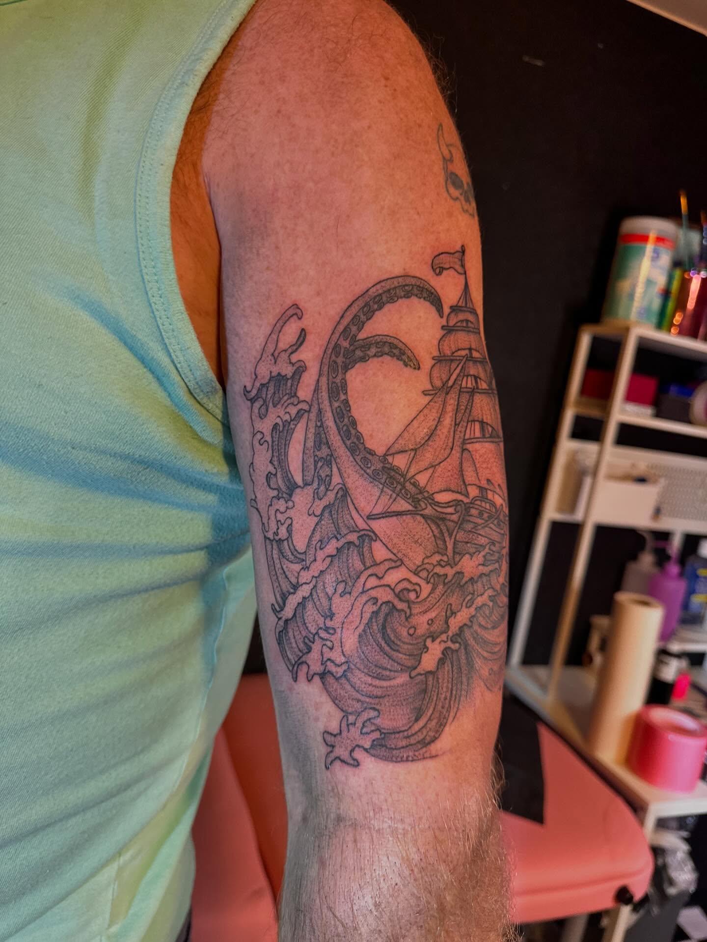 Ship and dragon black and grey tattoo on the forearm by Gabs Borderline Tattoos βπΌ