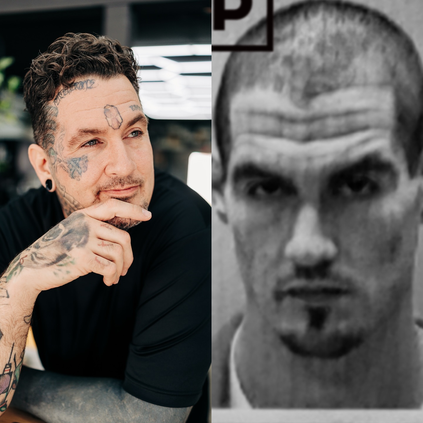 Face black and grey tattoo on the head by Justin Shelpman