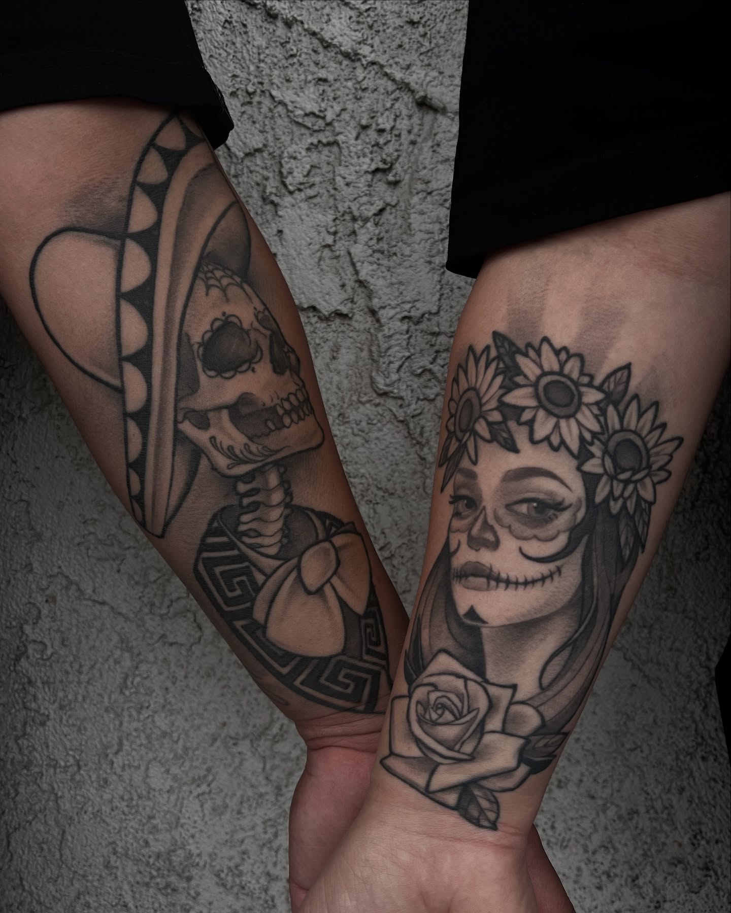 Day of the Dead couple Chicano tattoo on the forearm by Las Vegas Tattoo Artist