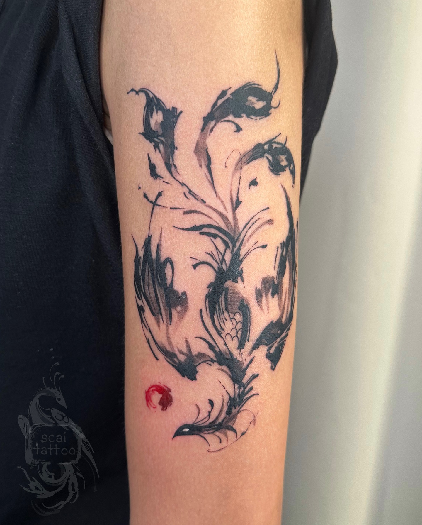 Bird black and grey tattoo on the forearm by scaitattoo