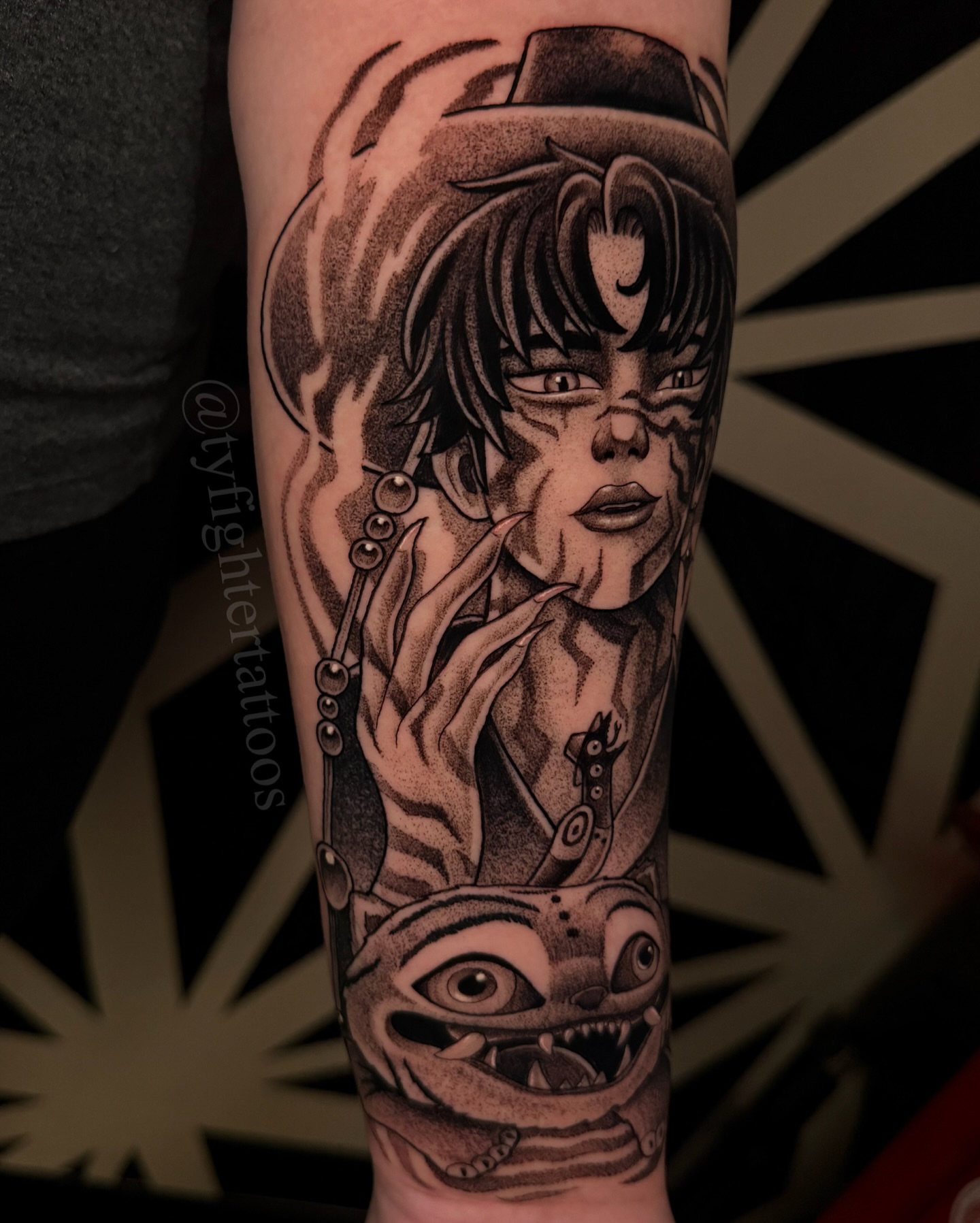 Tattoo by @tyfightertattoos — dotwork, anime