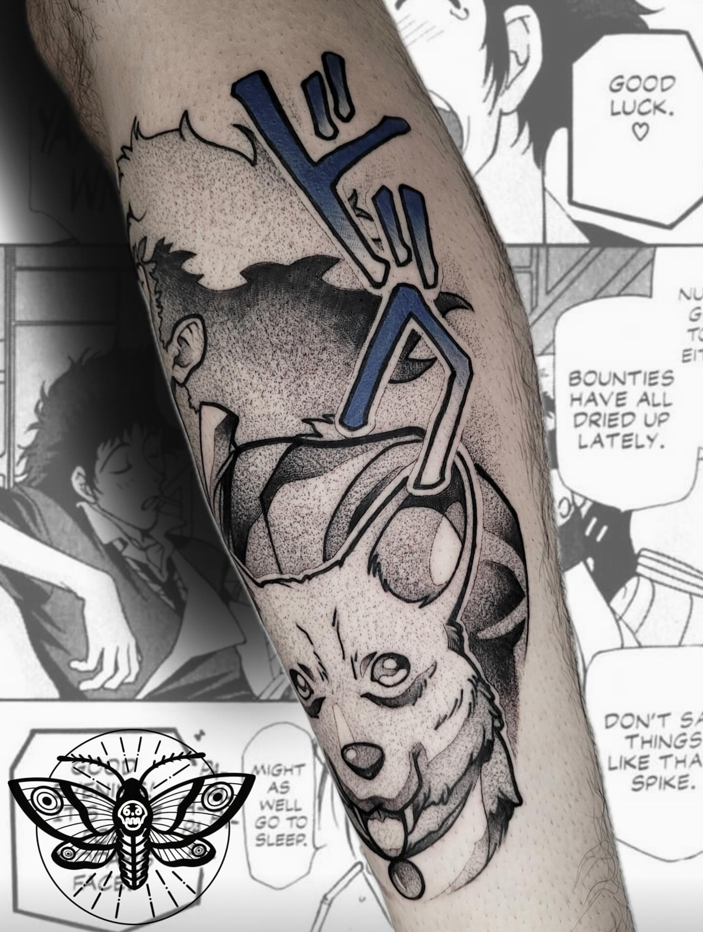 Anime character dotwork tattoo on the forearm by Danny, San Luis Obispo, California