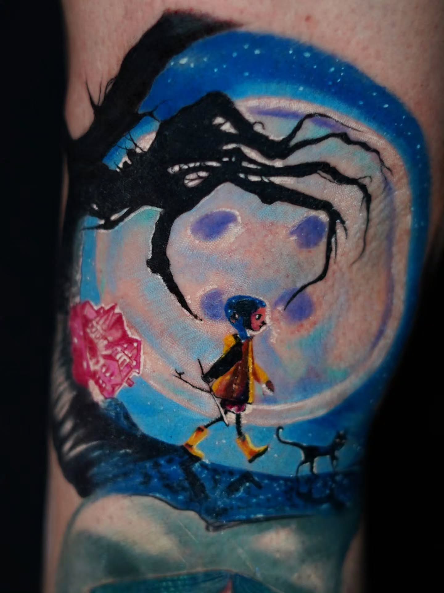 Night scene with spider and girl dark realism tattoo on the forearm by 𝐍𝐄𝐗'𝐒 𝐈𝐍𝐊 🇨🇺, Tampa