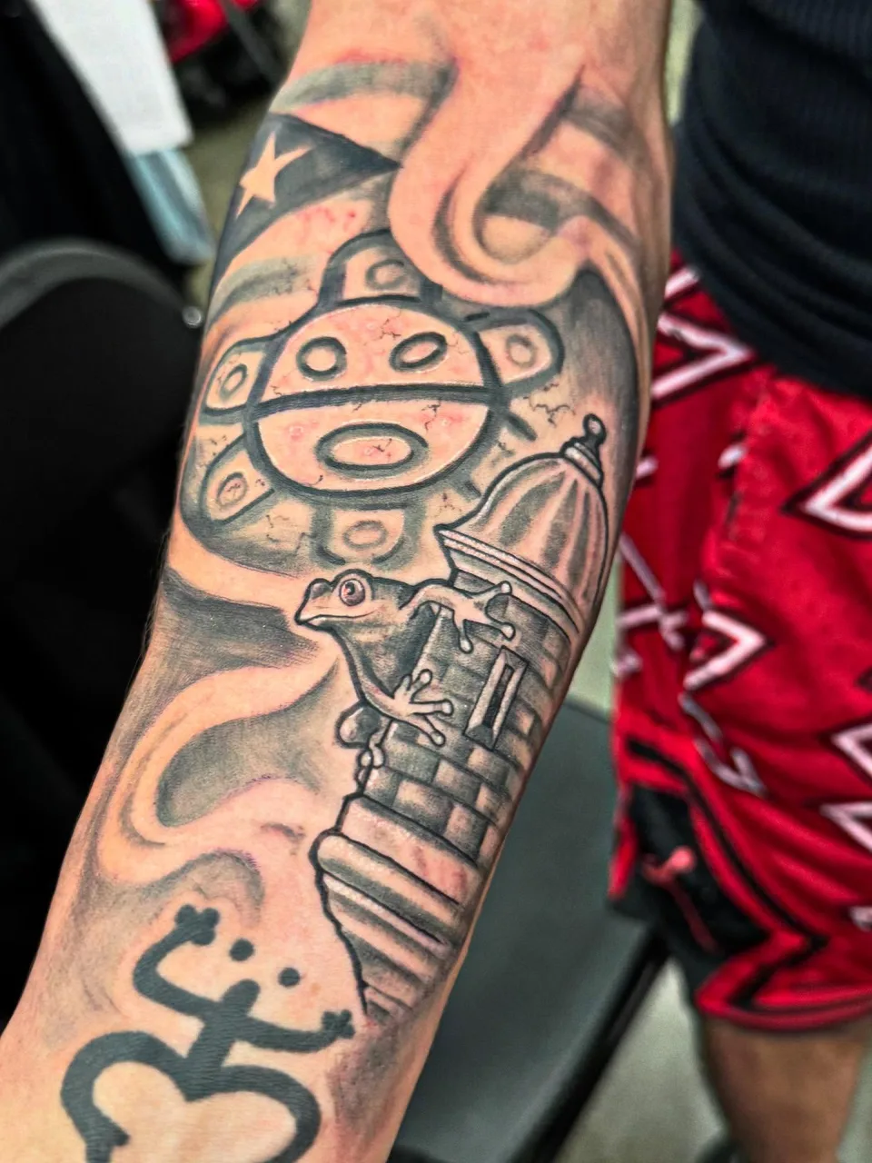 Frog and tower black and grey tattoo on the forearm by Eldaddy