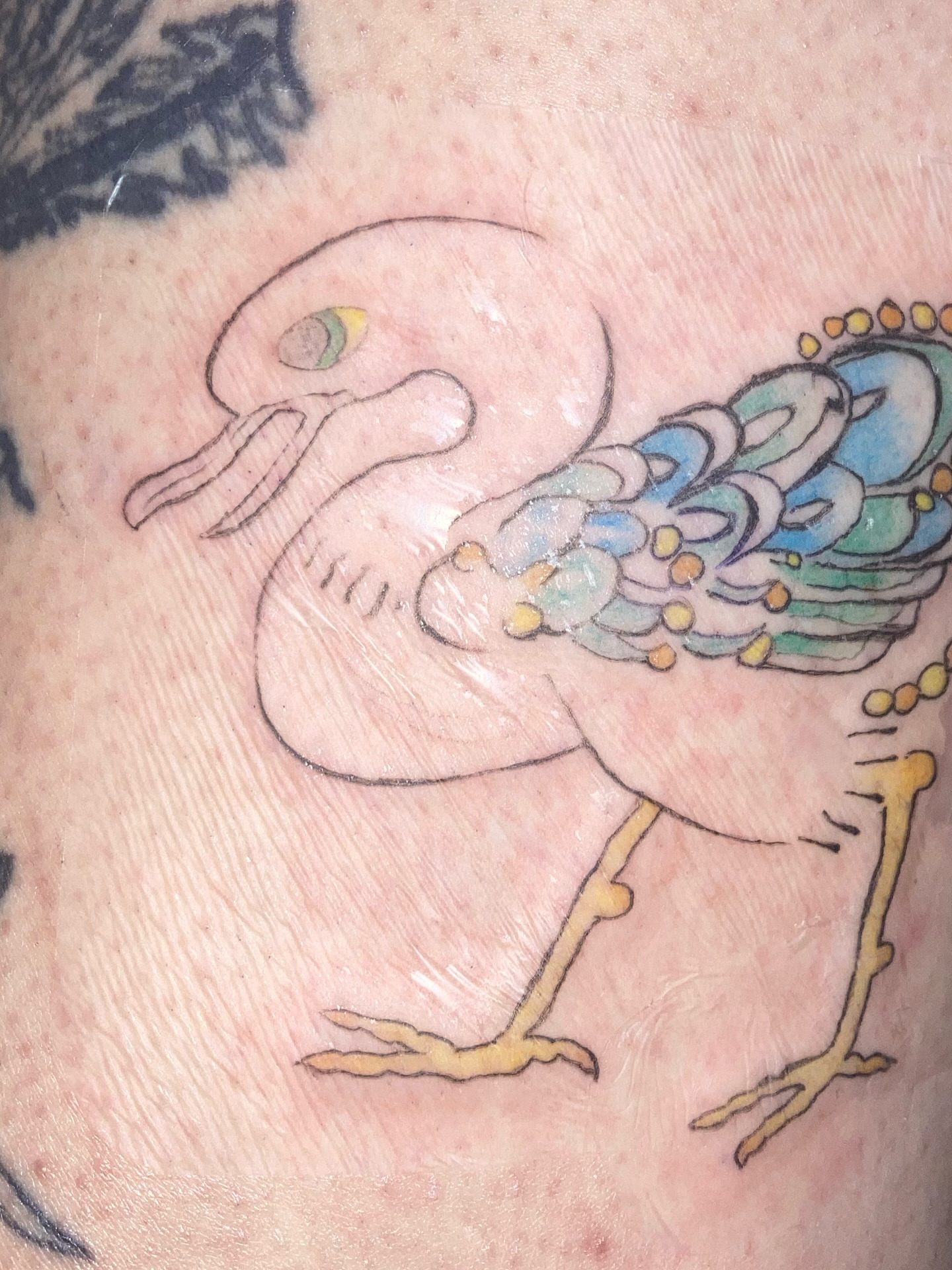 Flamingo new school tattoo on the thigh by 잡초