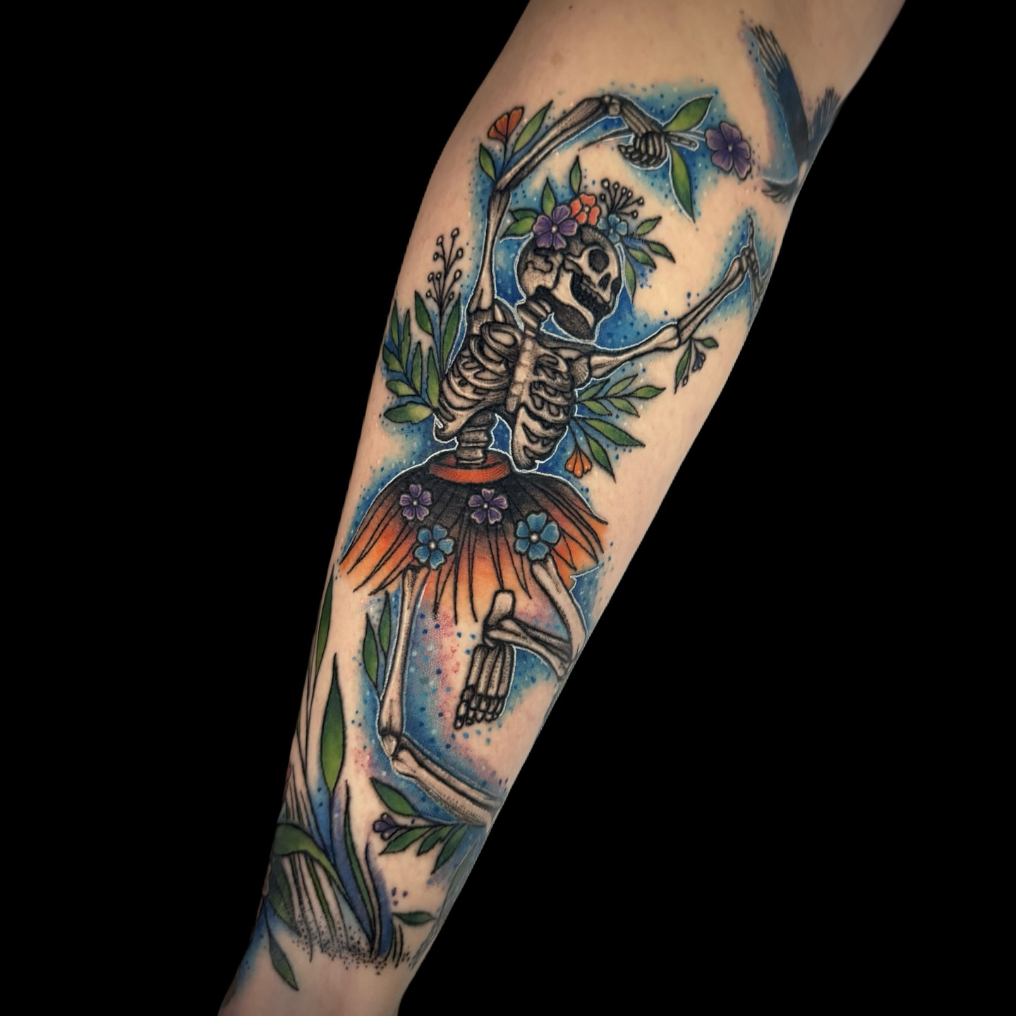 Skeleton dancer American traditional tattoo on the forearm by 𝕭𝖆𝖇𝖊𝖔𝖓𝖙𝖍𝖊𝖒00𝖓🌙🪬, Colorado Springs, Colorado