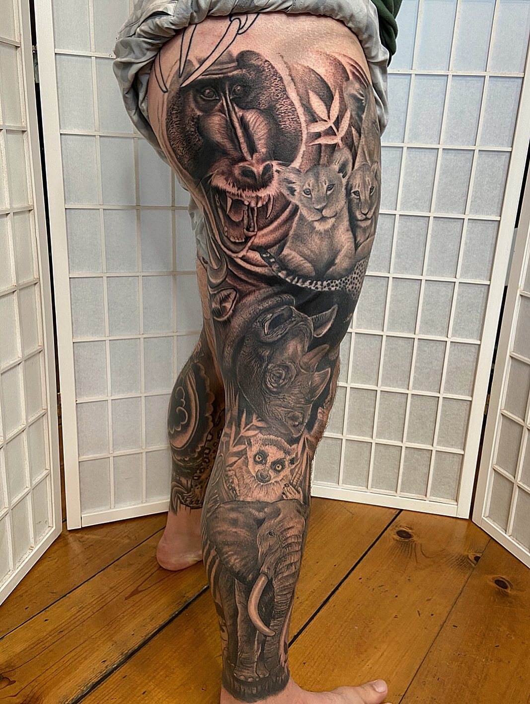 Jungle animals realism tattoo on the leg by Tattoos by Dale Hupke, Lebanon, Ohio