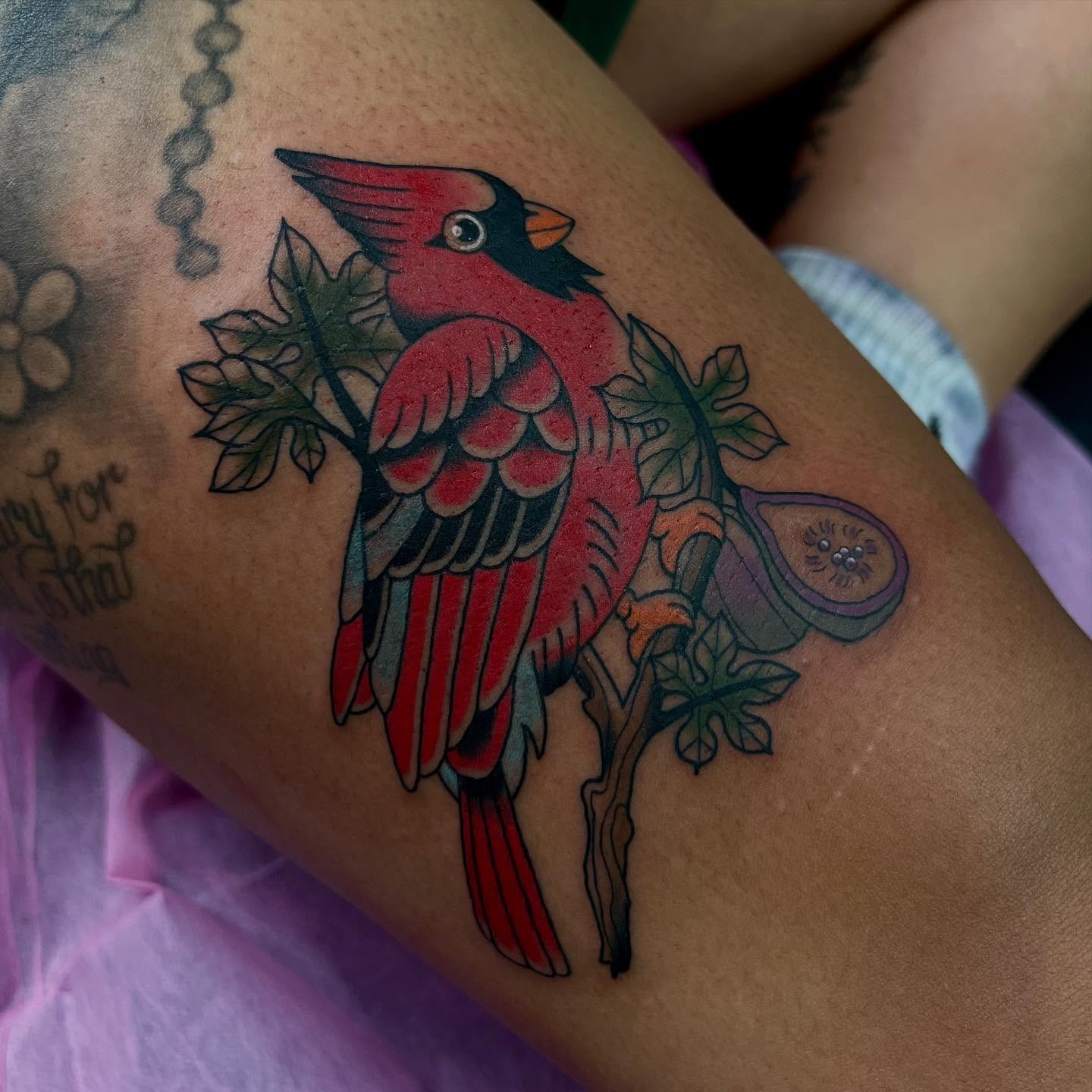 Cardinal bird American traditional tattoo on the forearm by Kahlan ⍟