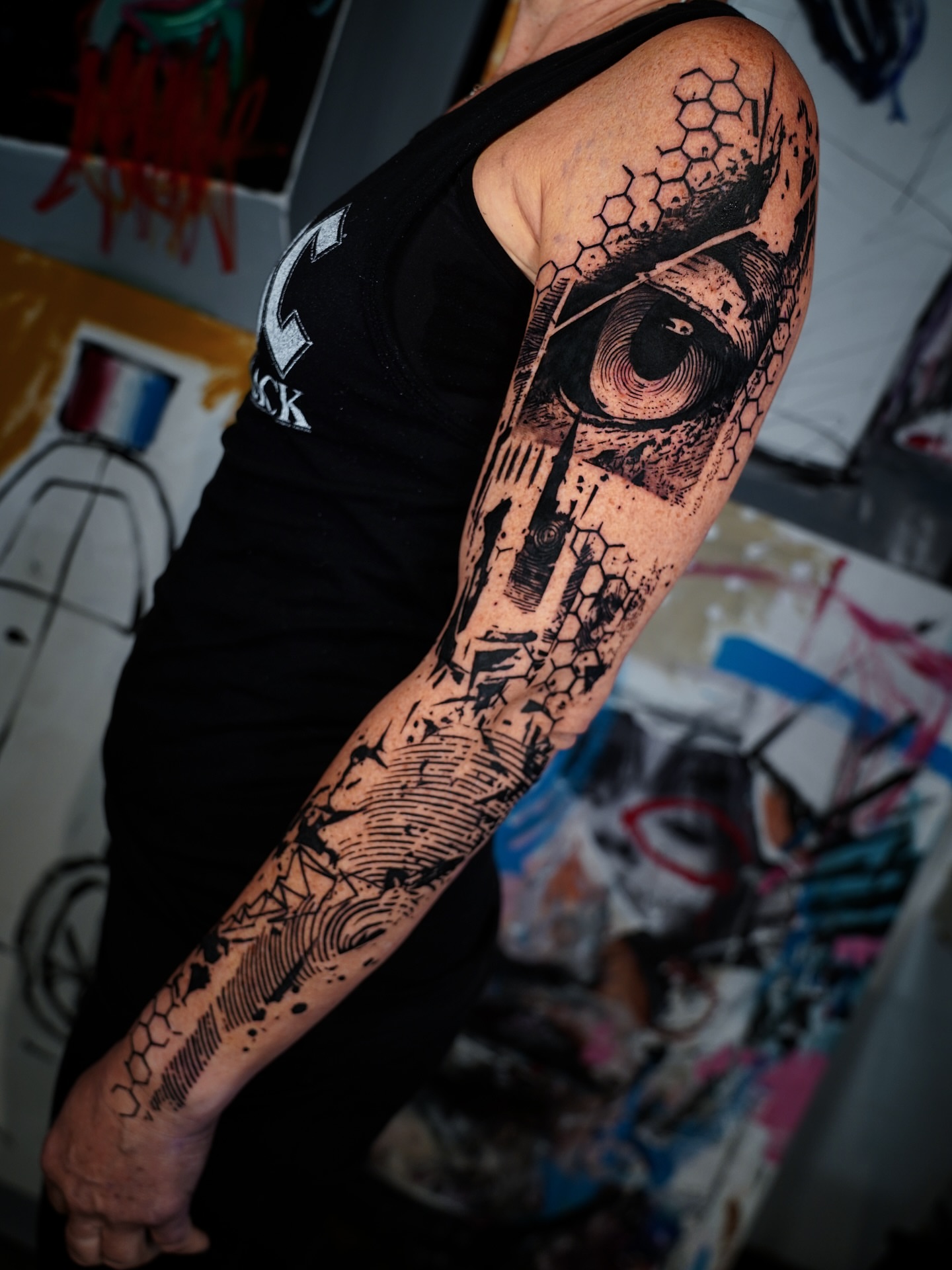 Eye geometric tattoo on the forearm by Georgios Papadopoulos Tattoo Artist Los