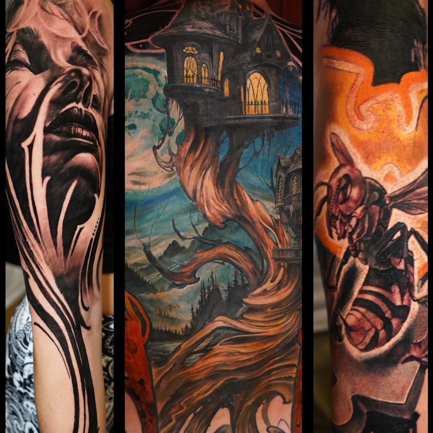 Haunted house dark realism tattoo on the forearm by Darl Gnau