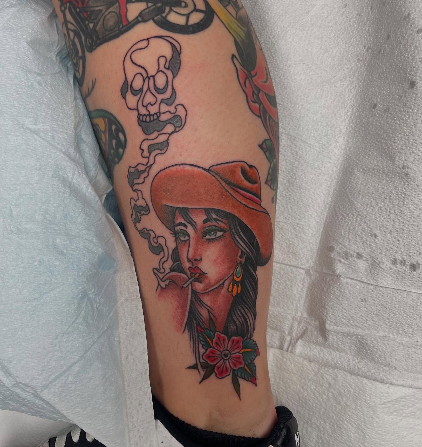 Woman smoking American traditional tattoo on the forearm by Jaxson Eugene Brady-Hobart
