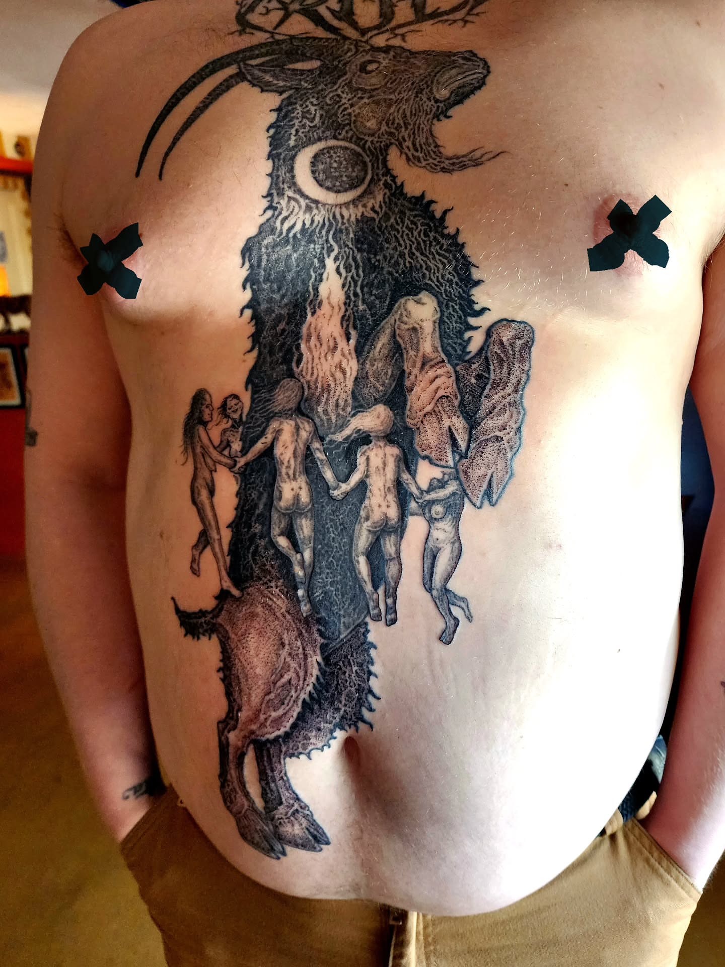 Goat and figures dark realism tattoo on the chest by @hellscribe